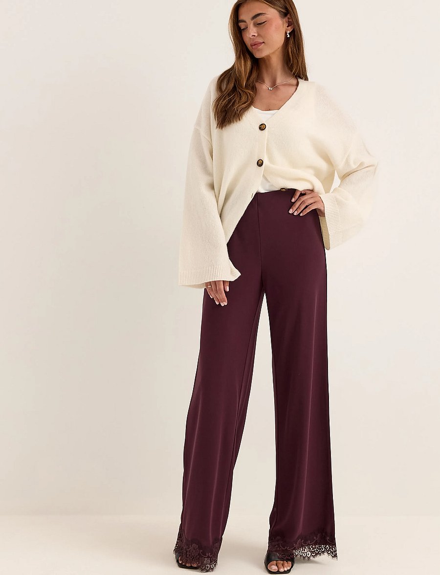 Bubbleroom - Lace Detail Trousers - hosen mit weitem bein - dark wine-red - 4