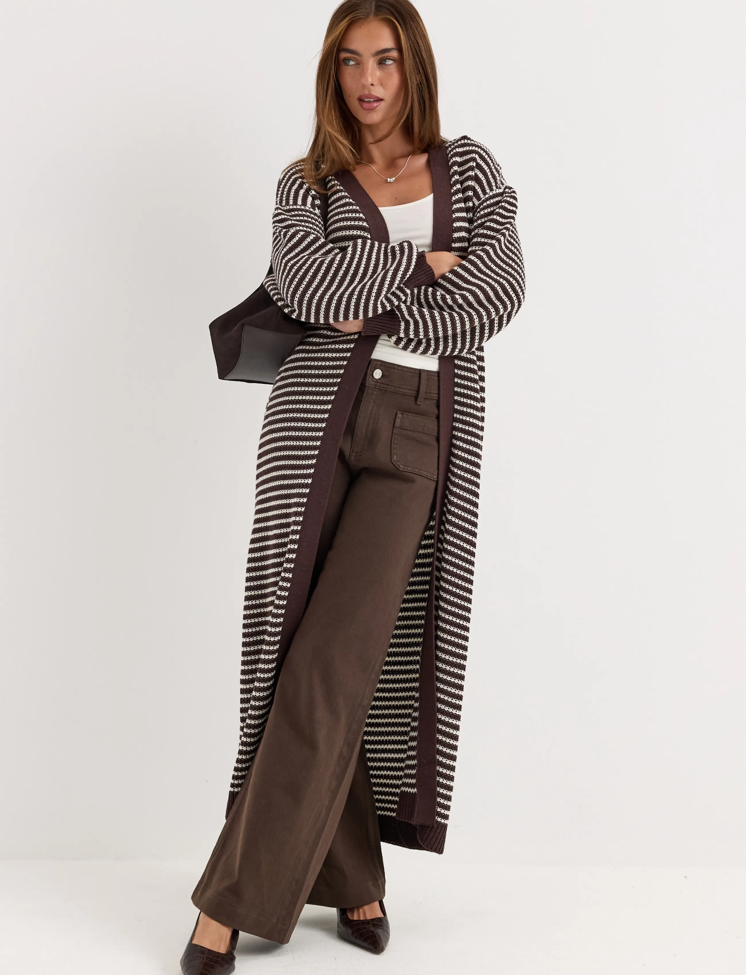 Bubbleroom Knitted Maxi Cardigan - Joped - CREAM/BROWN / brown