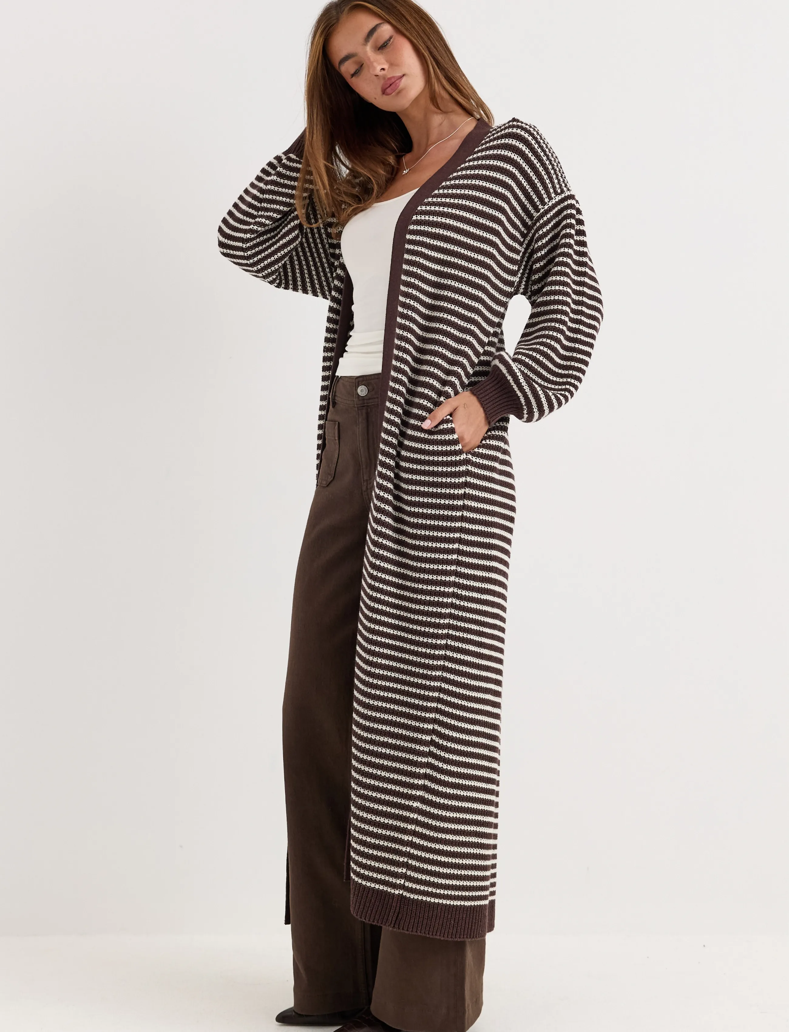 Bubbleroom - Knitted Maxi Cardigan - cream/brown - 4