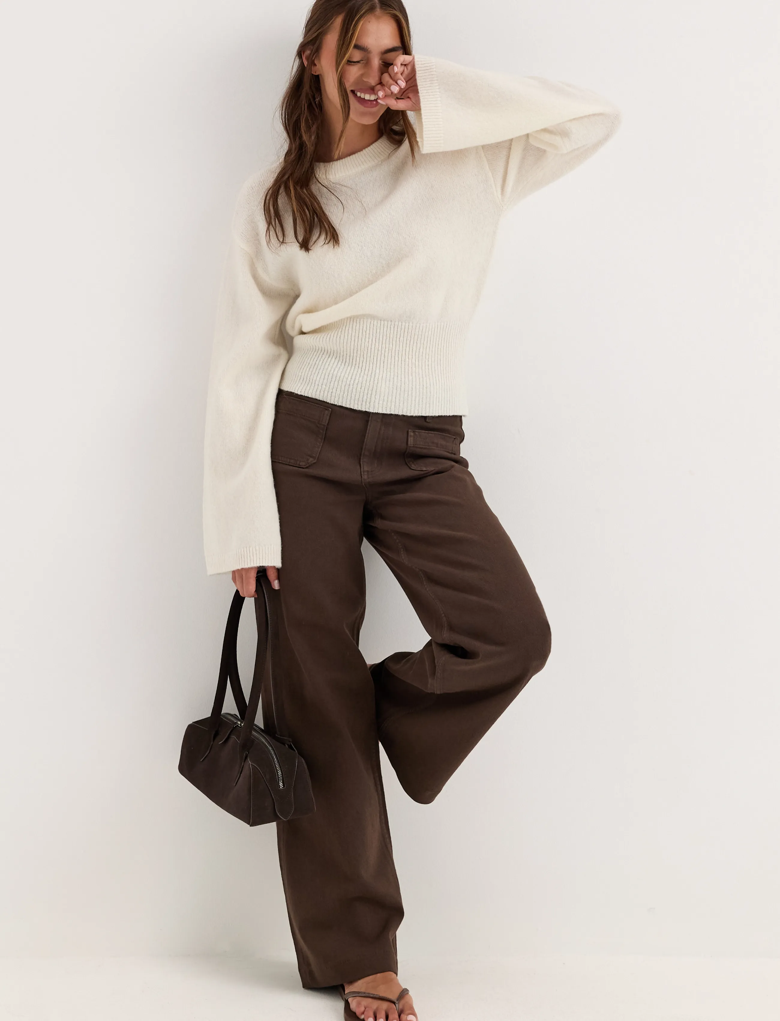 Knitted Wool Blend Wide Sleeve Sweater
