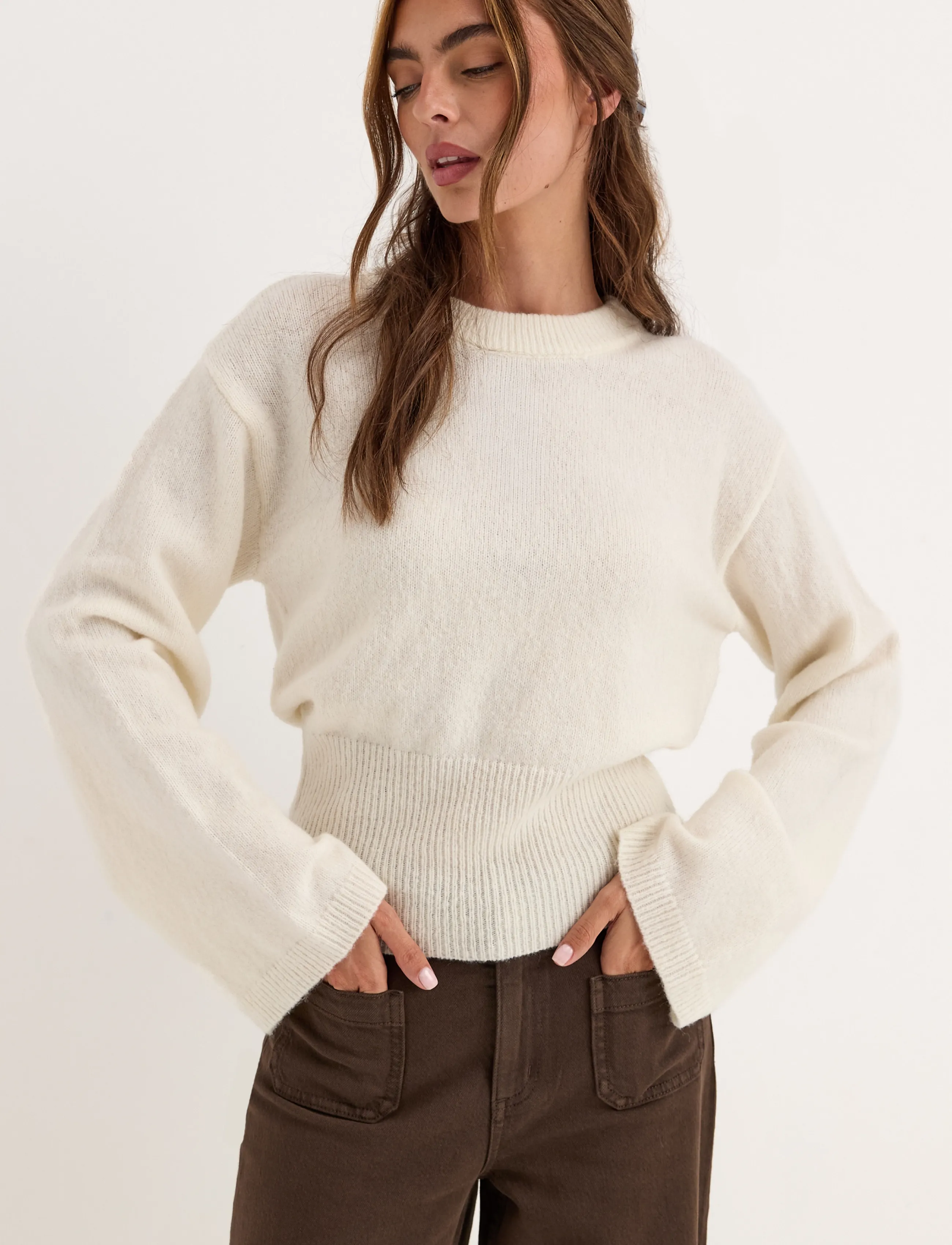 Bubbleroom - Knitted Wool Blend Wide Sleeve Sweater - pullover - cream - 3