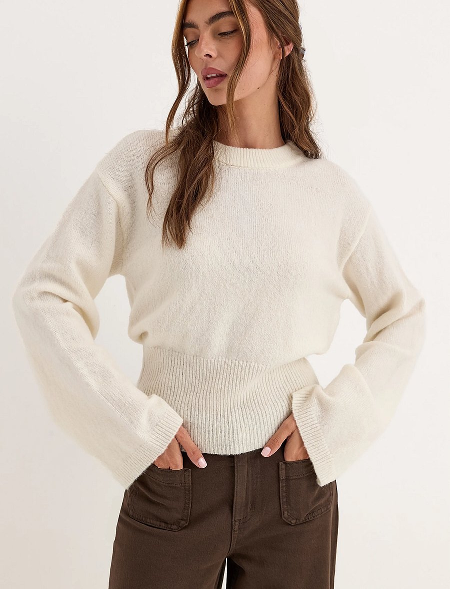 Bubbleroom - Knitted Wool Blend Wide Sleeve Sweater - pullover - cream - 3