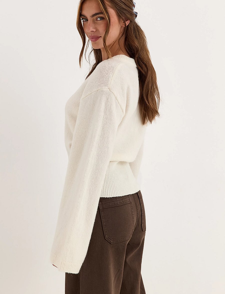 Bubbleroom - Knitted Wool Blend Wide Sleeve Sweater - pullover - cream - 4