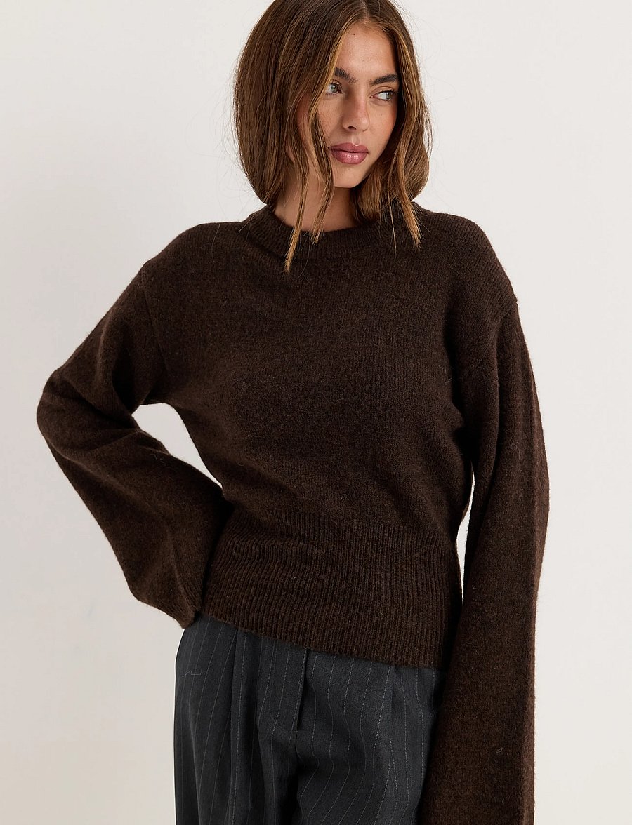 Bubbleroom - Knitted Wool Blend Wide Sleeve Sweater - pullover - dark brown - 0