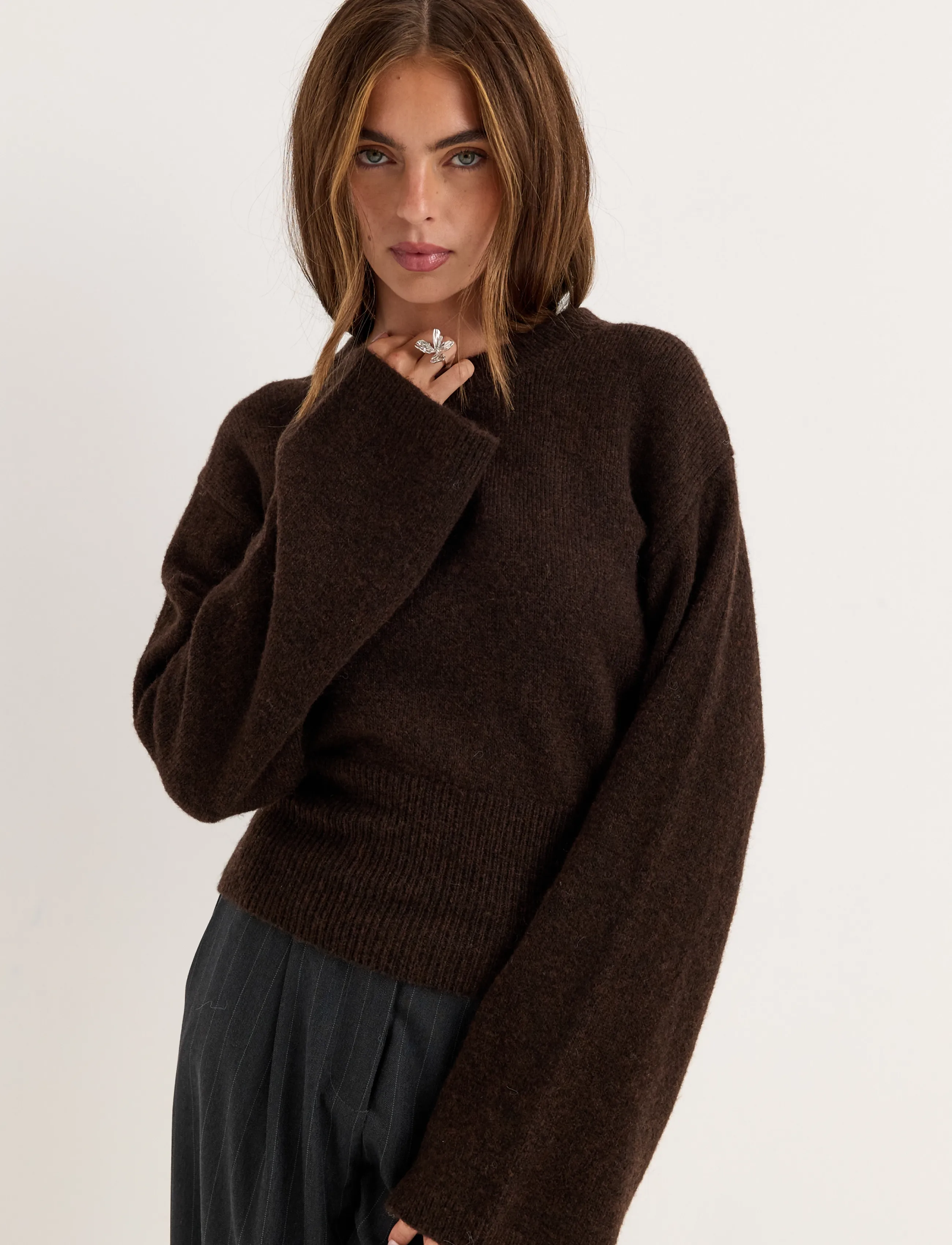 Bubbleroom - Knitted Wool Blend Wide Sleeve Sweater - pullover - dark brown - 4