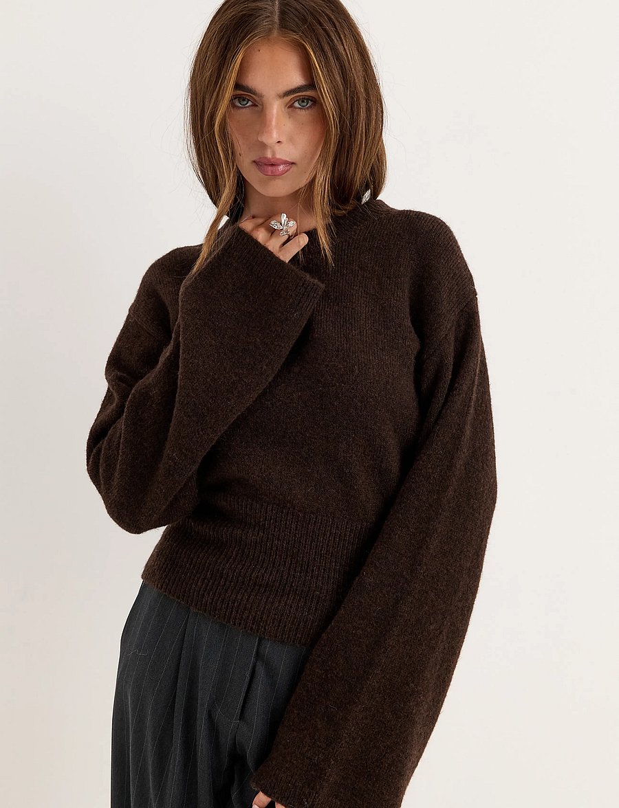 Bubbleroom - Knitted Wool Blend Wide Sleeve Sweater - pullover - dark brown - 4