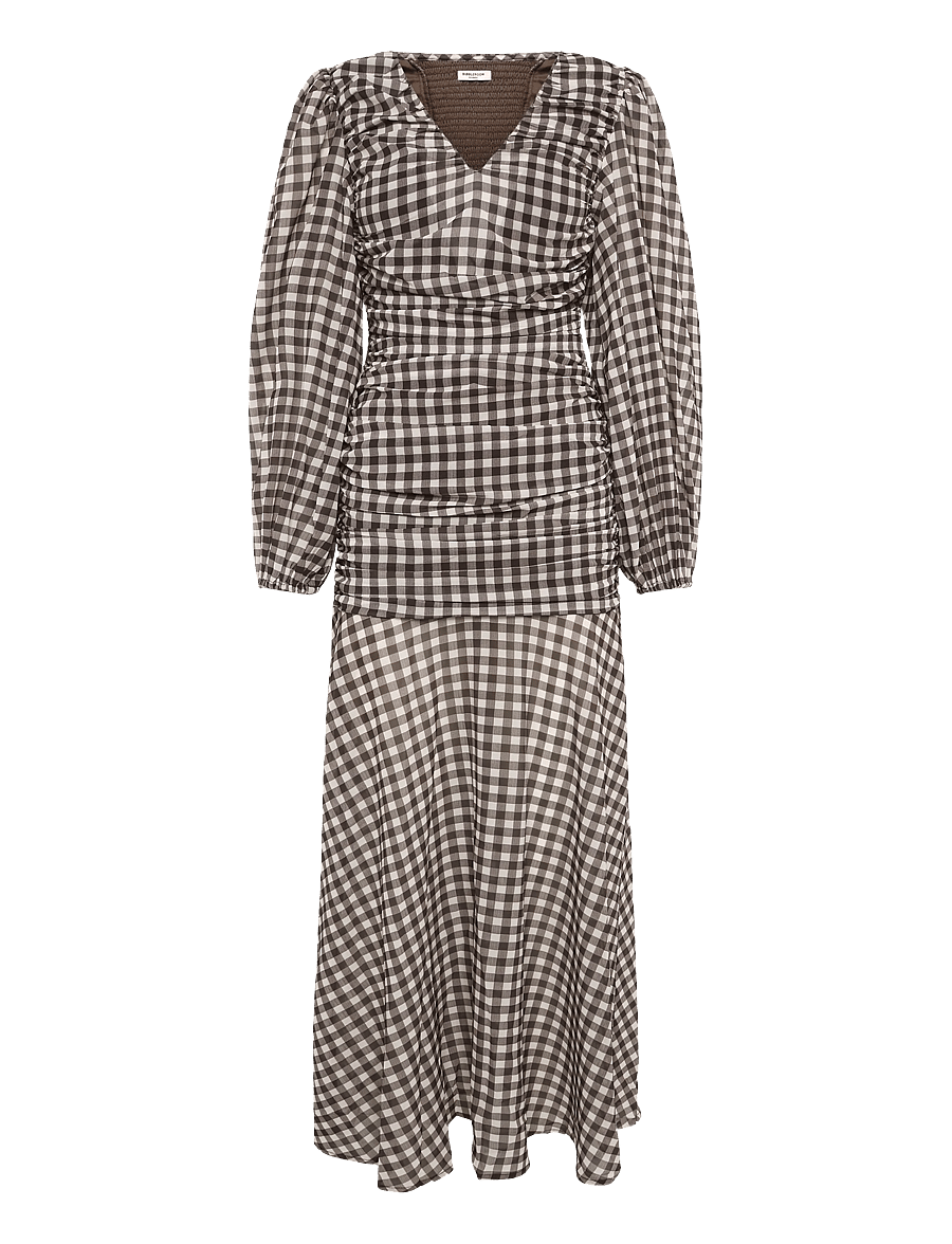 Bubbleroom - Balloon Sleeve Chiffon Maxi Dress - suvekleidid - brown/checked - 1