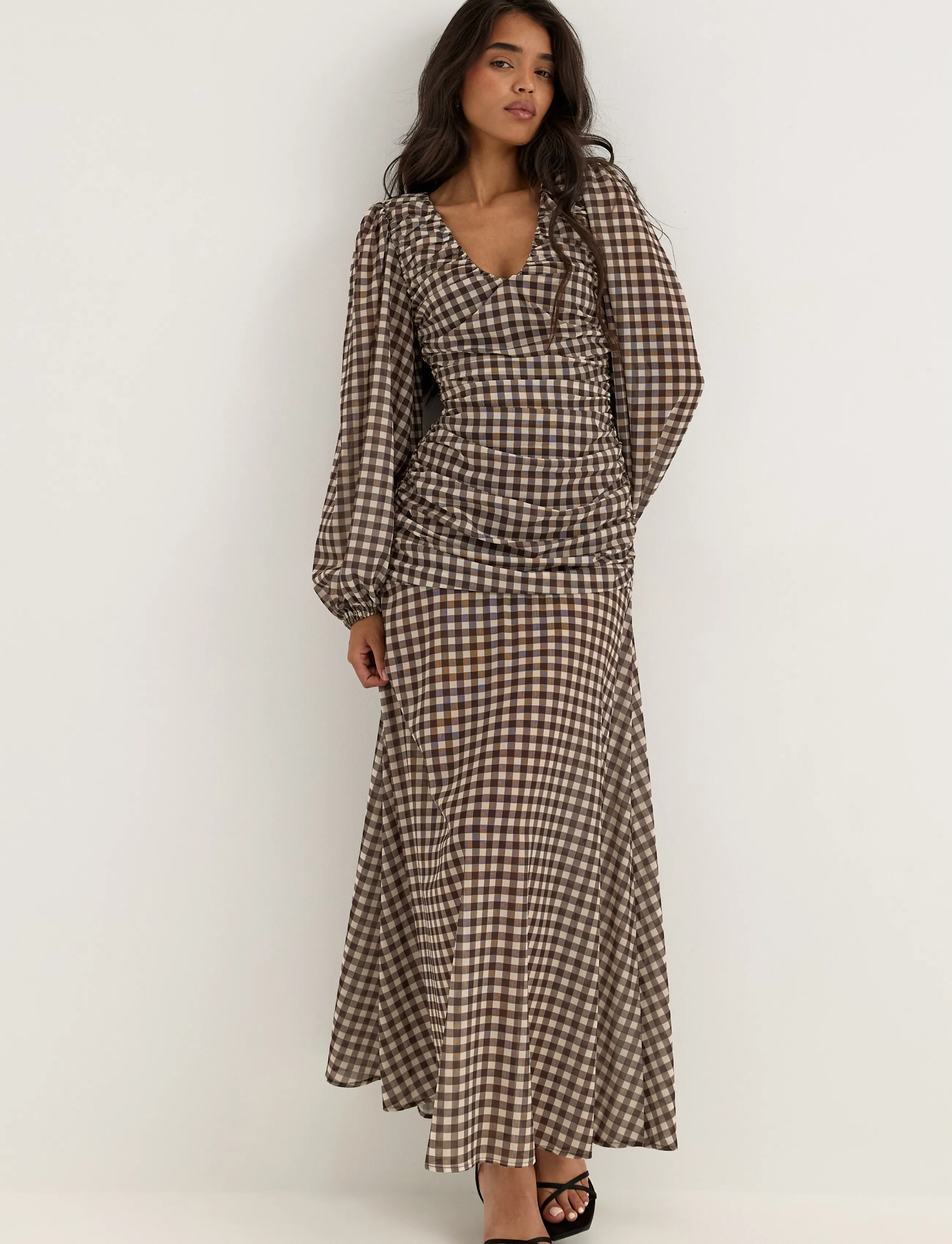 Bubbleroom Balloon Sleeve Chiffon Maxi Dress - Kleidid - BROWN/CHECKED / brown