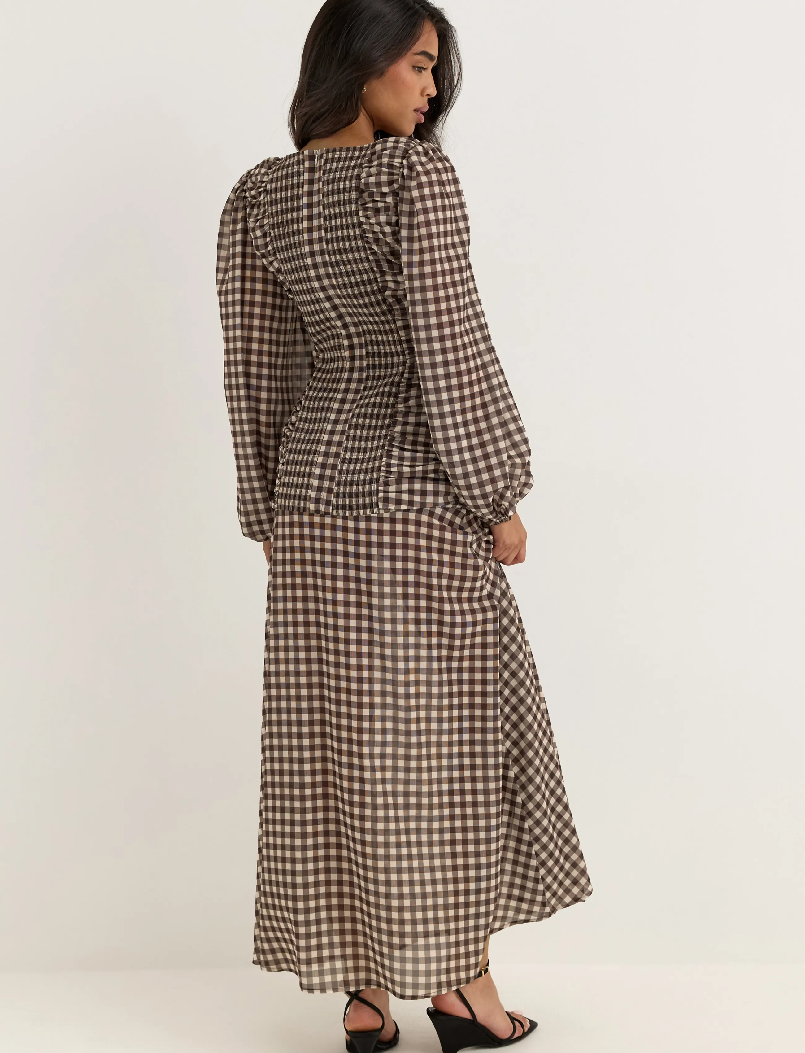 Bubbleroom - Balloon Sleeve Chiffon Maxi Dress - suvekleidid - brown/checked - 3