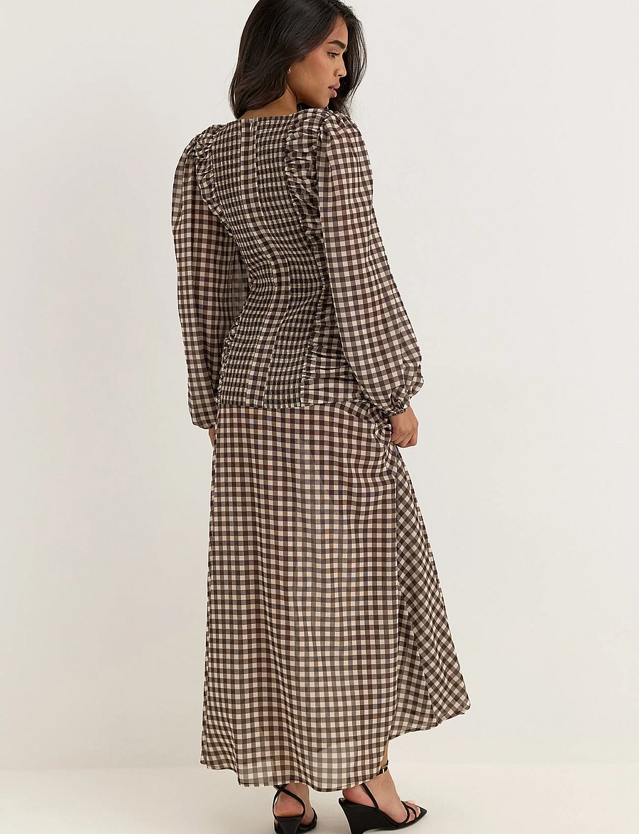 Bubbleroom - Balloon Sleeve Chiffon Maxi Dress - suvekleidid - brown/checked - 3