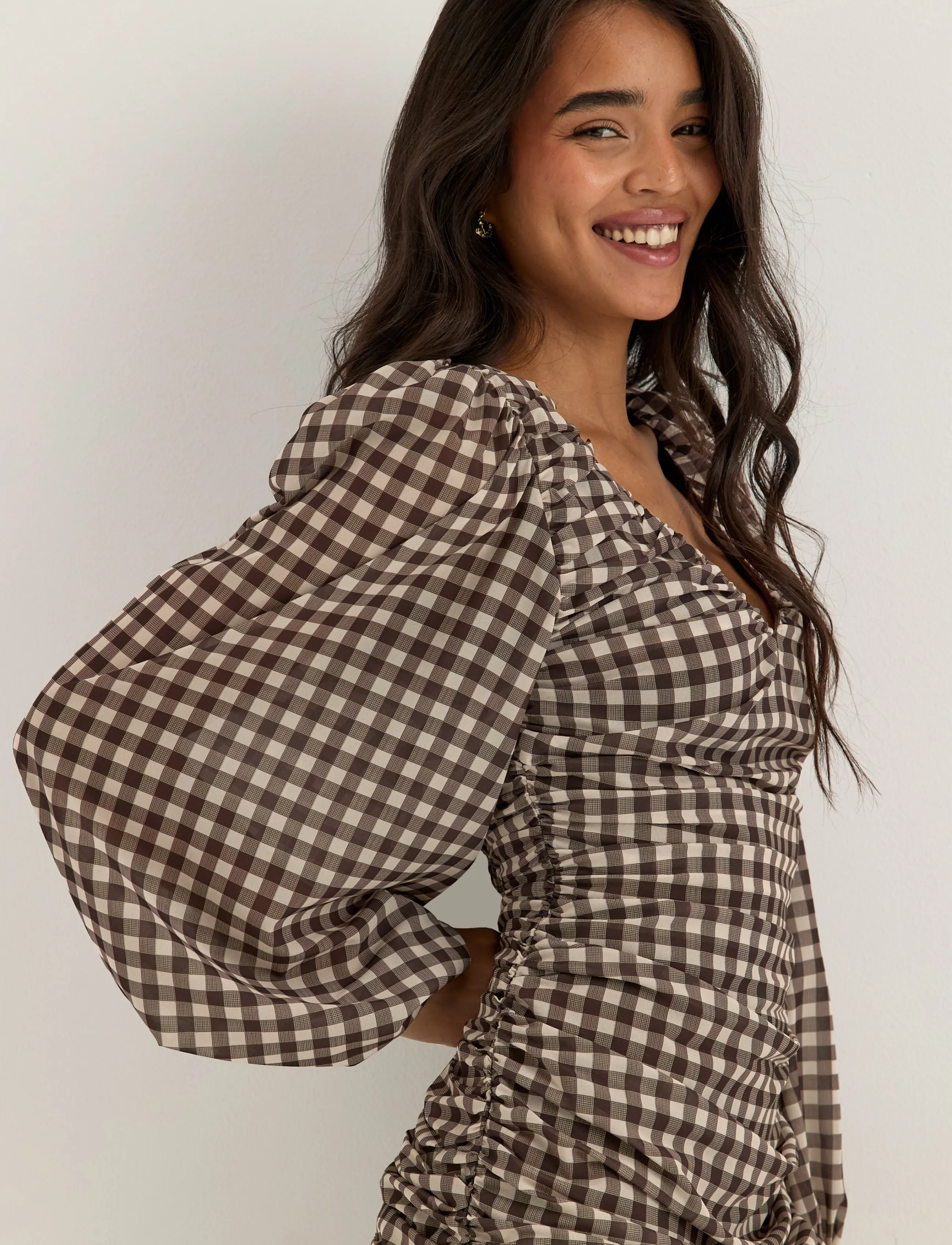 Bubbleroom - Balloon Sleeve Chiffon Maxi Dress - suvekleidid - brown/checked - 4