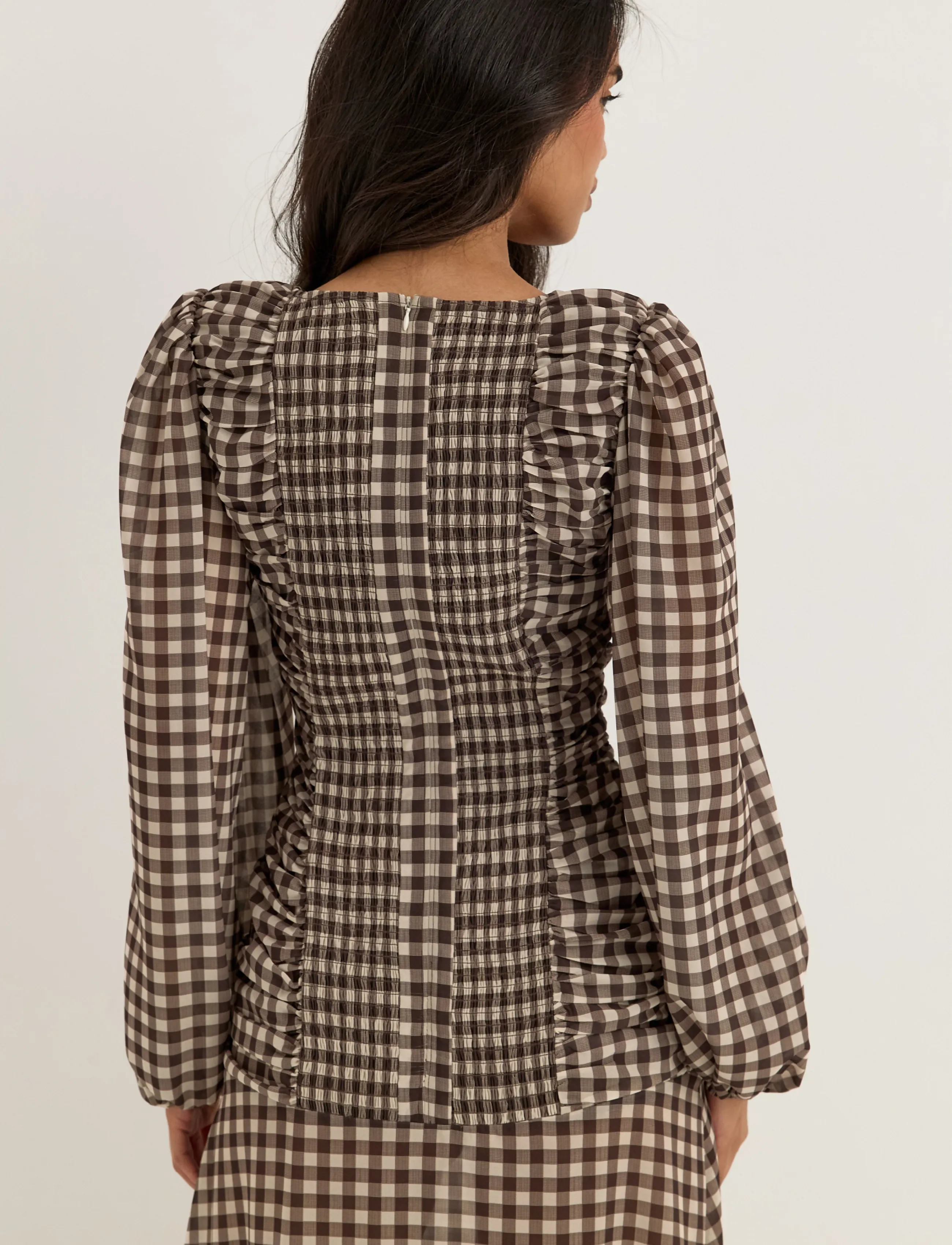 Bubbleroom - Balloon Sleeve Chiffon Maxi Dress - suvekleidid - brown/checked - 5