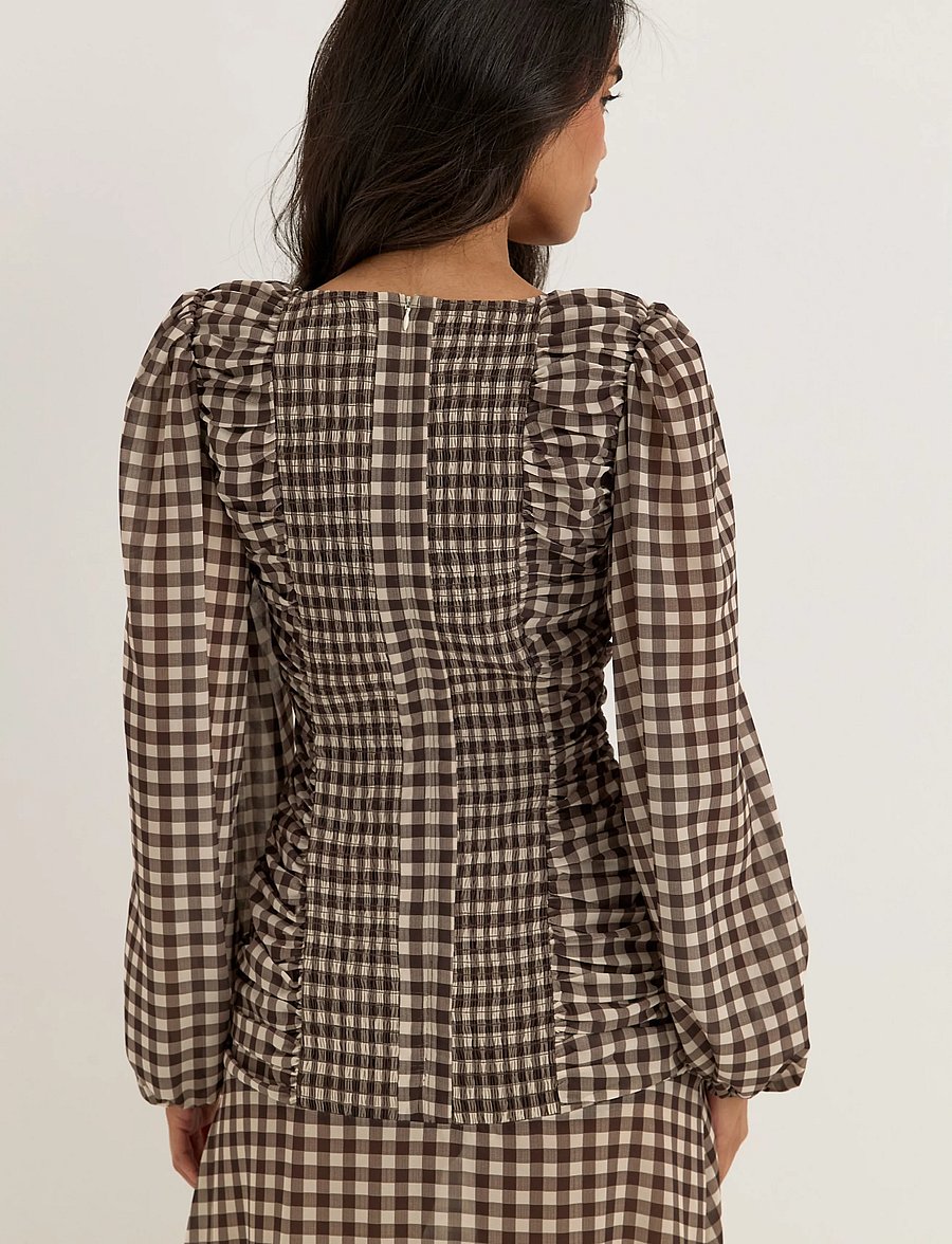 Bubbleroom - Balloon Sleeve Chiffon Maxi Dress - suvekleidid - brown/checked - 5