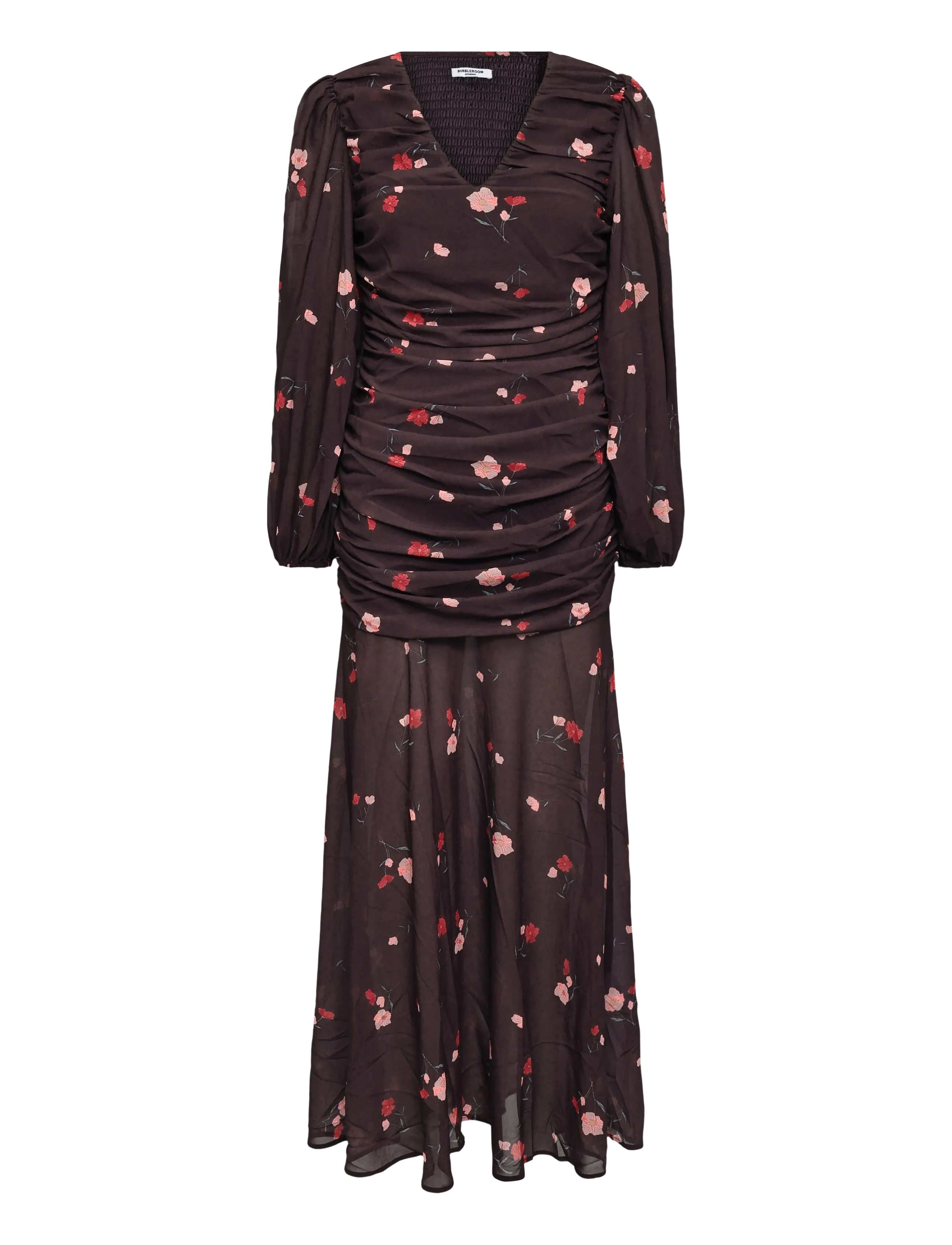 Bubbleroom - Balloon Sleeve Chiffon Maxi Dress - summer dresses - dark plum/patterned - 1