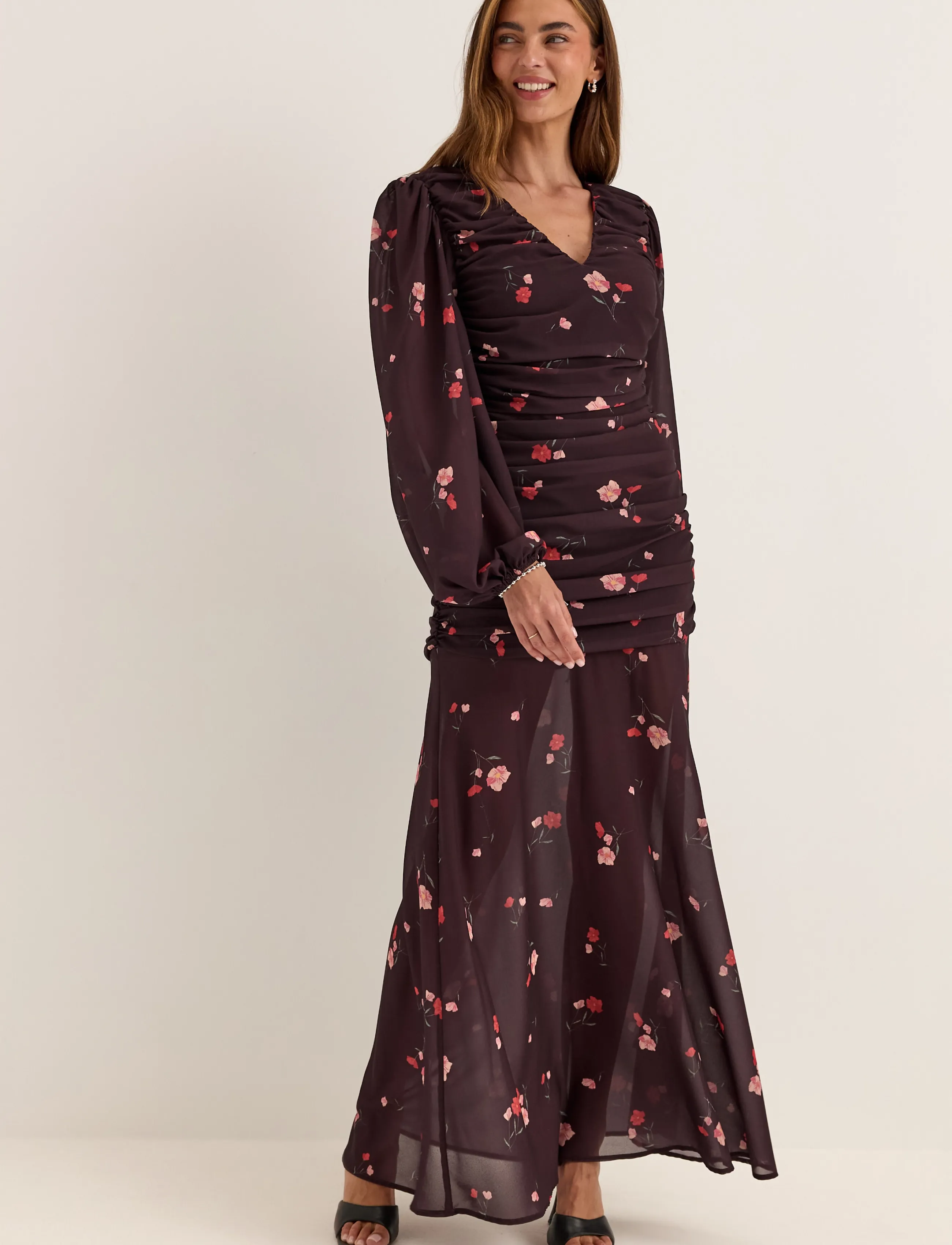 Bubbleroom Balloon Sleeve Chiffon Maxi Dress - Clothing - DARK PLUM/PATTERNED / purple