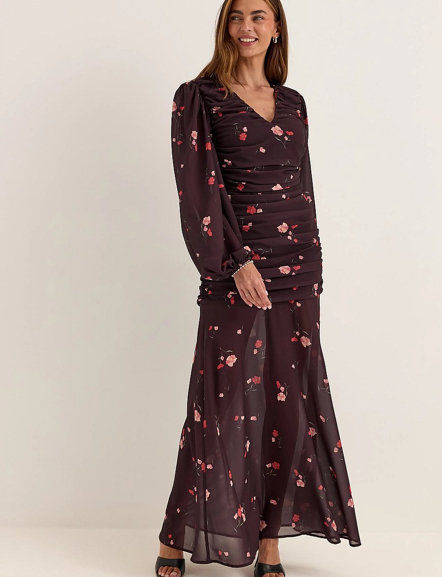 Bubbleroom - Balloon Sleeve Chiffon Maxi Dress - sommerkleider - dark plum/patterned - 0