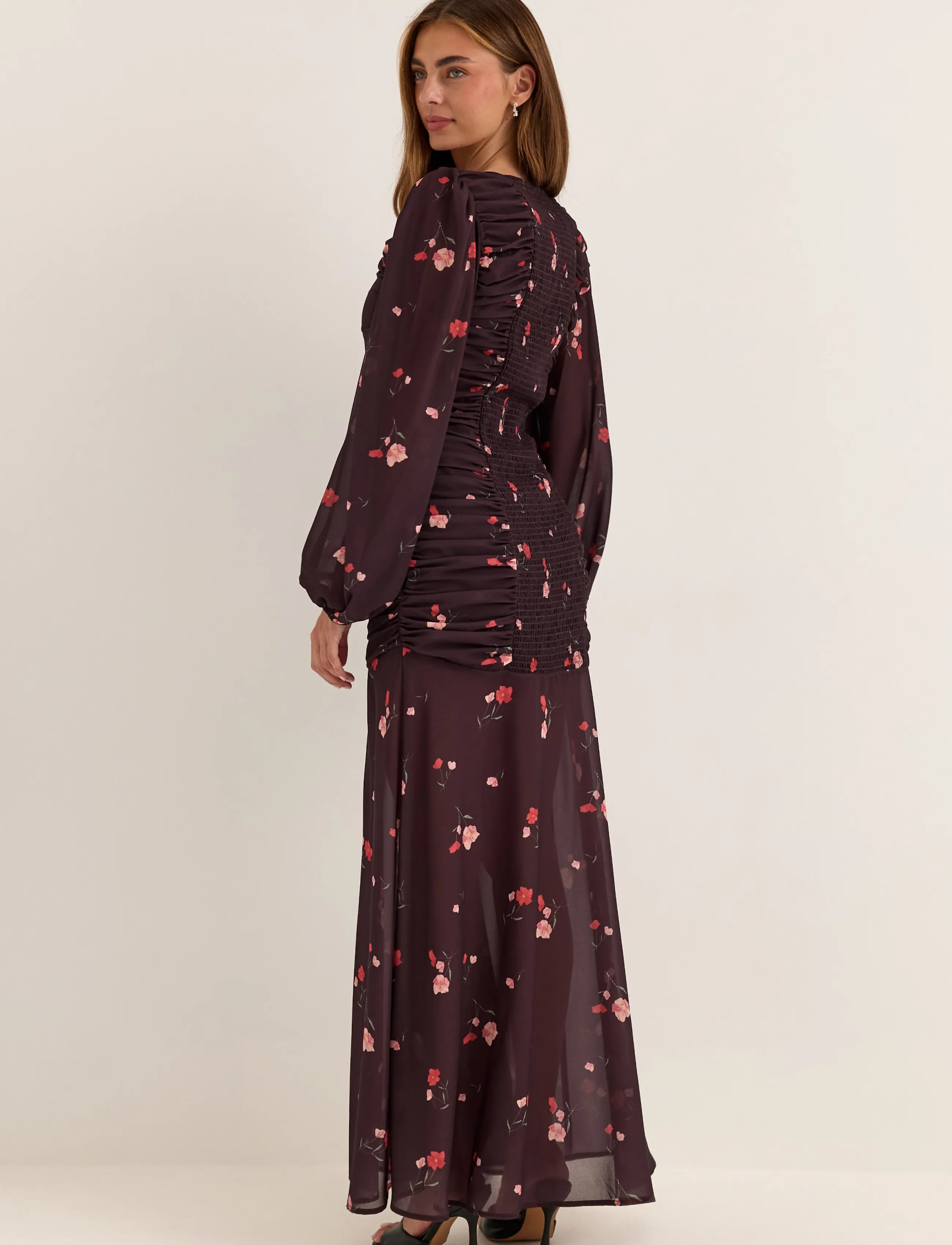 Bubbleroom - Balloon Sleeve Chiffon Maxi Dress - summer dresses - dark plum/patterned - 3