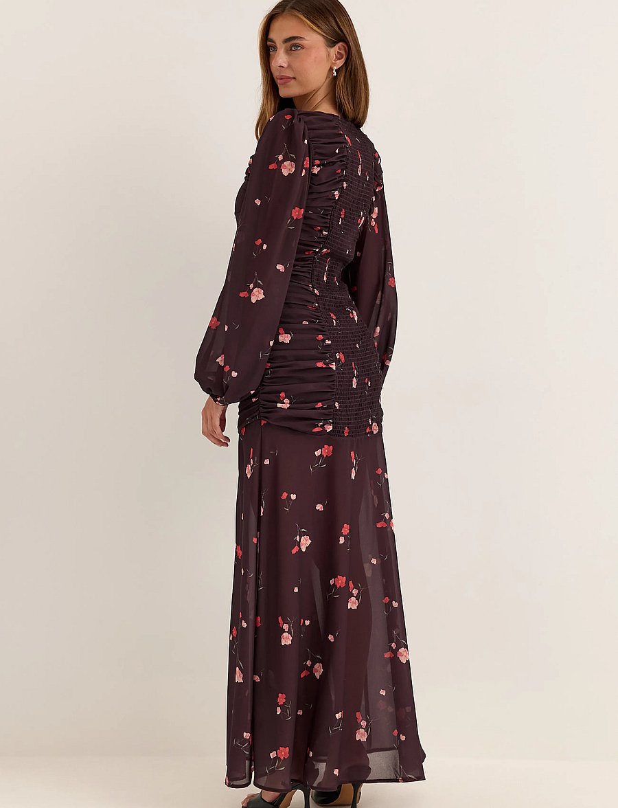 Bubbleroom - Balloon Sleeve Chiffon Maxi Dress - sommerkleider - dark plum/patterned - 3