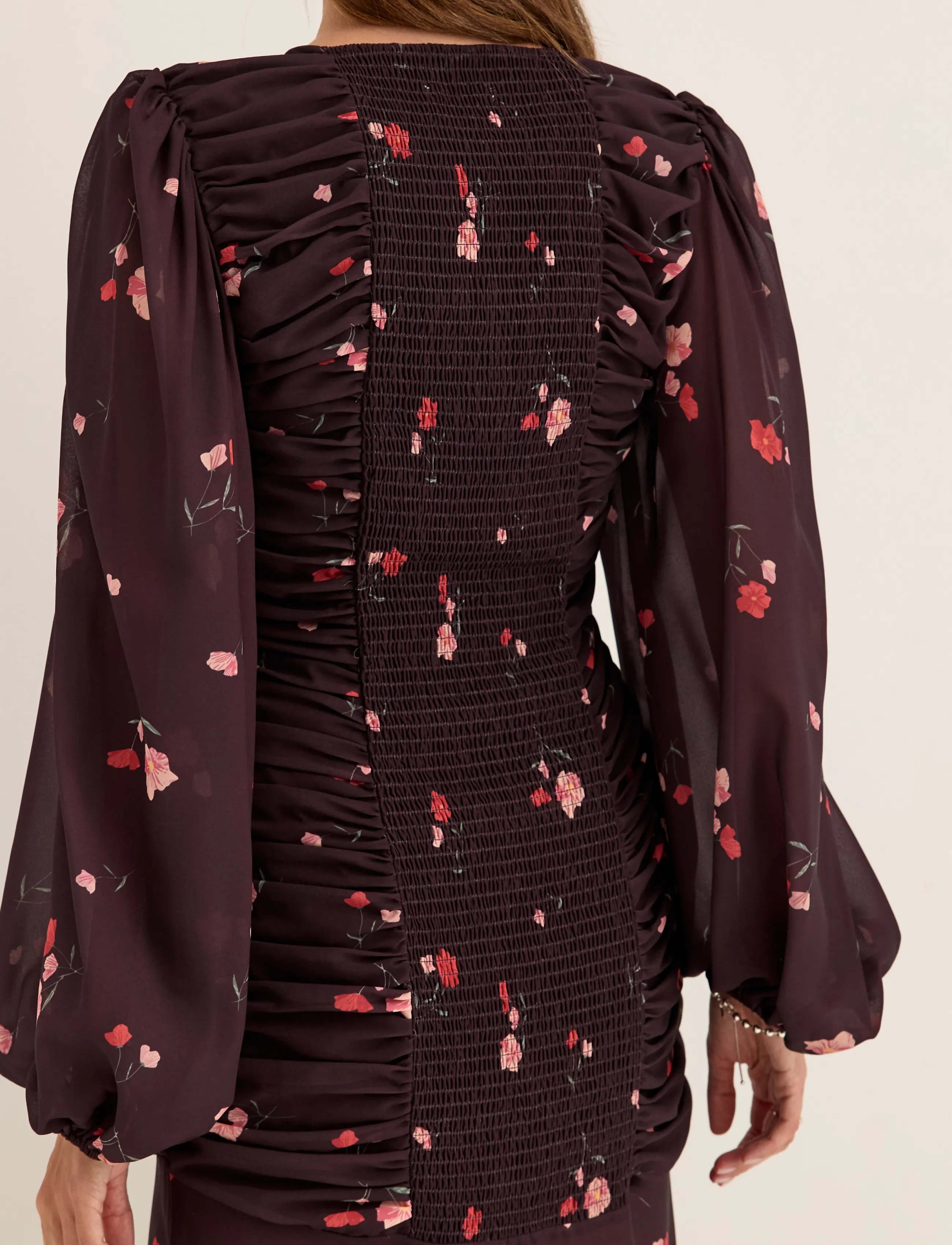 Bubbleroom - Balloon Sleeve Chiffon Maxi Dress - summer dresses - dark plum/patterned - 5