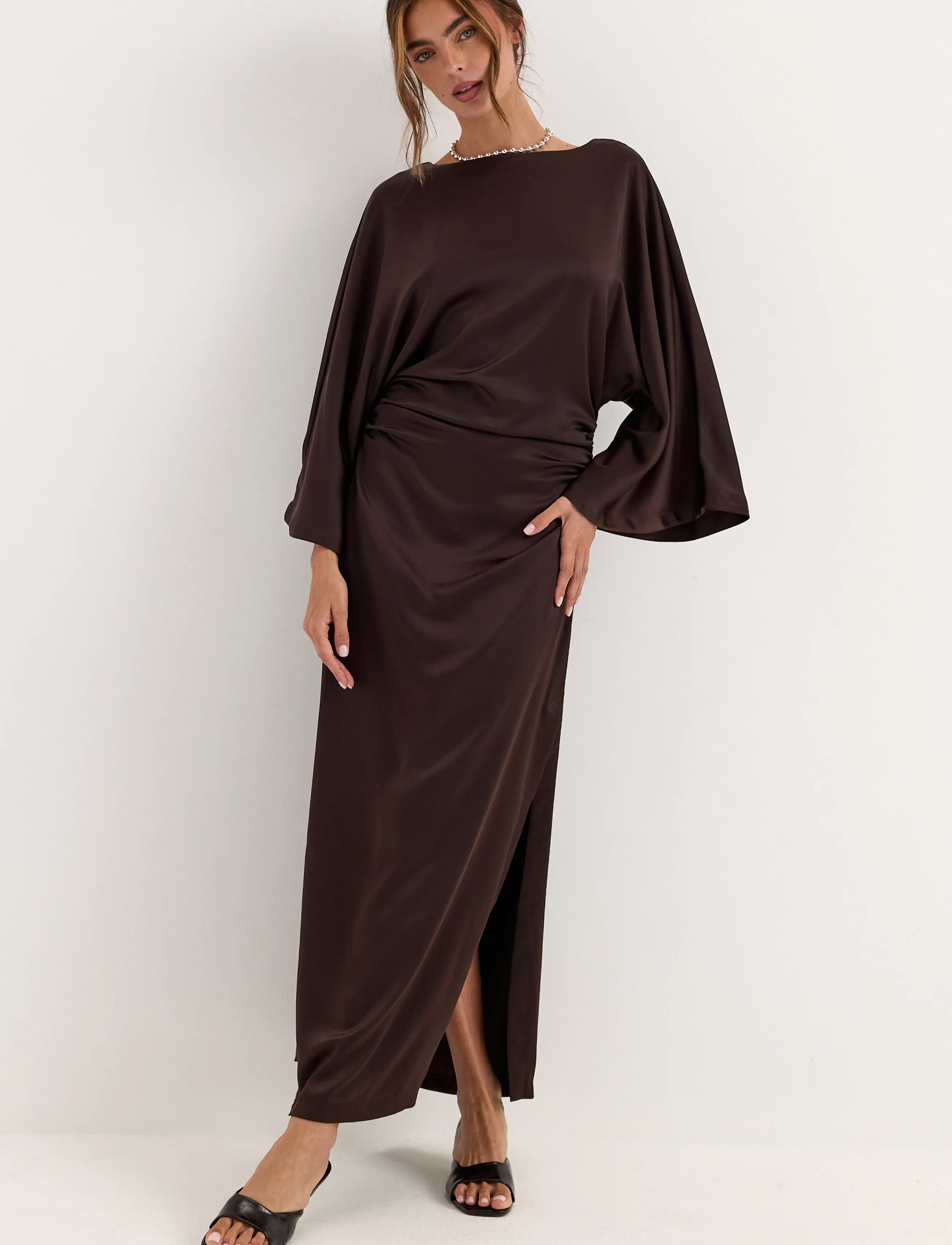 Bubbleroom - Kimono Sleeve Satin Maxi Dress - brown - 3