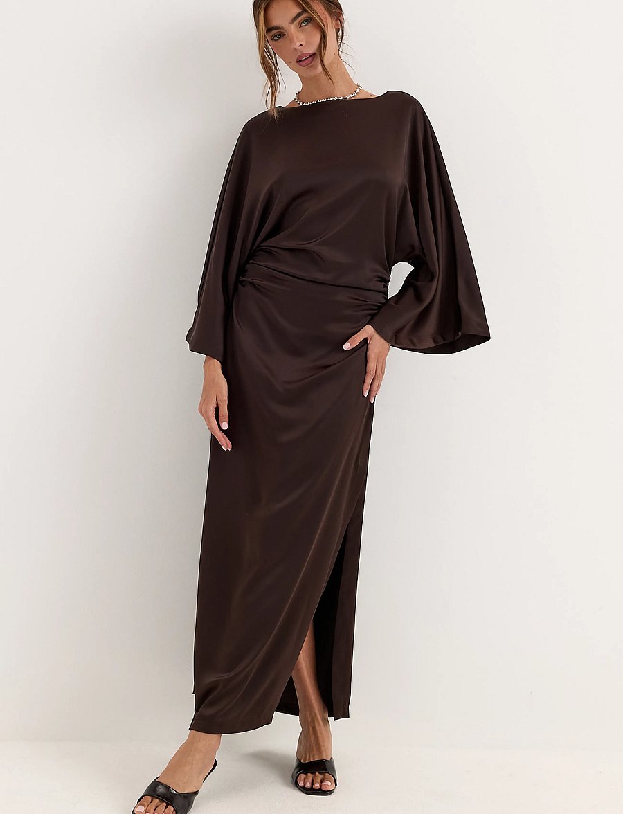 Bubbleroom - Kimono Sleeve Satin Maxi Dress - brown - 3