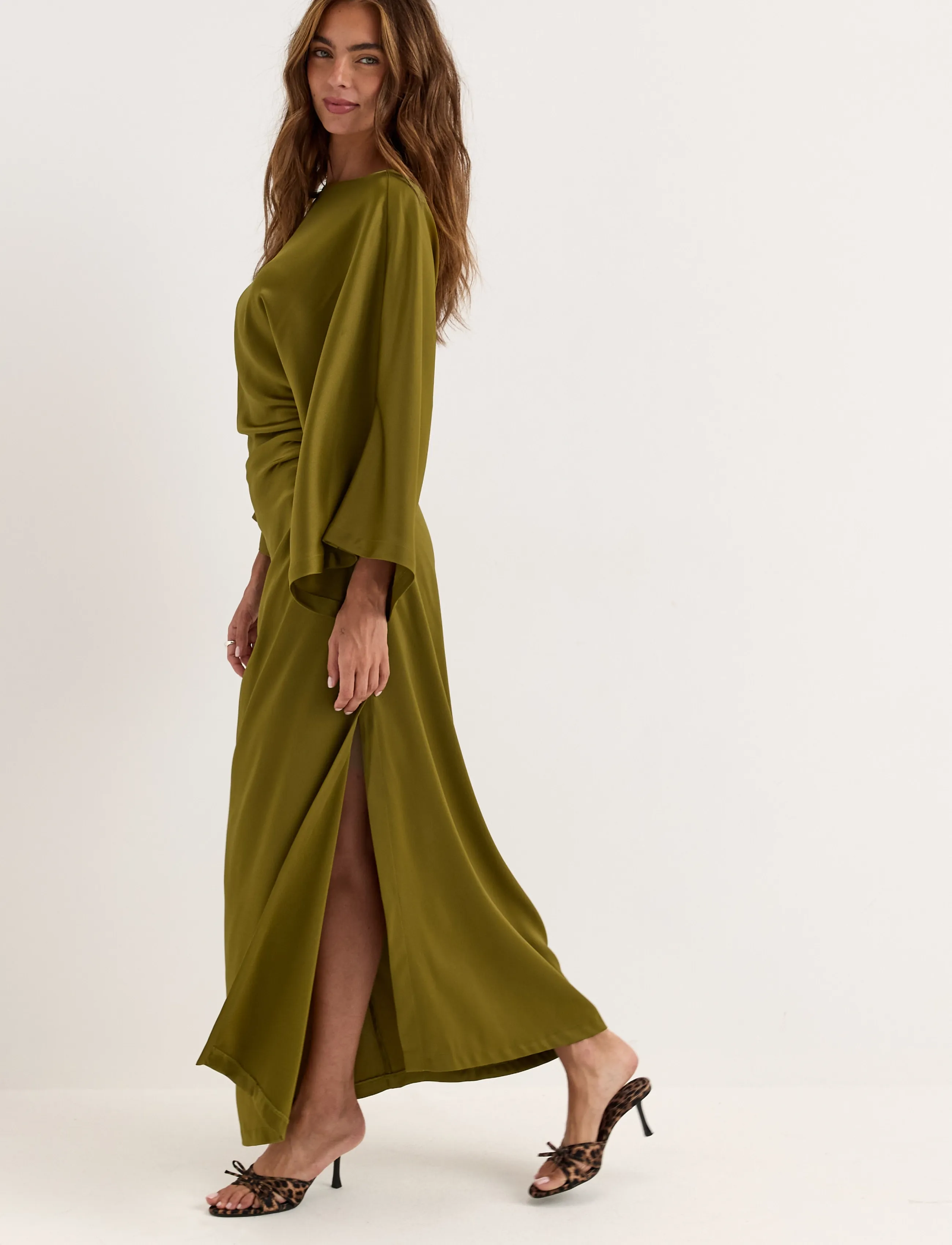 Bubbleroom - Kimono Sleeve Satin Maxi Dress - olive green - 3
