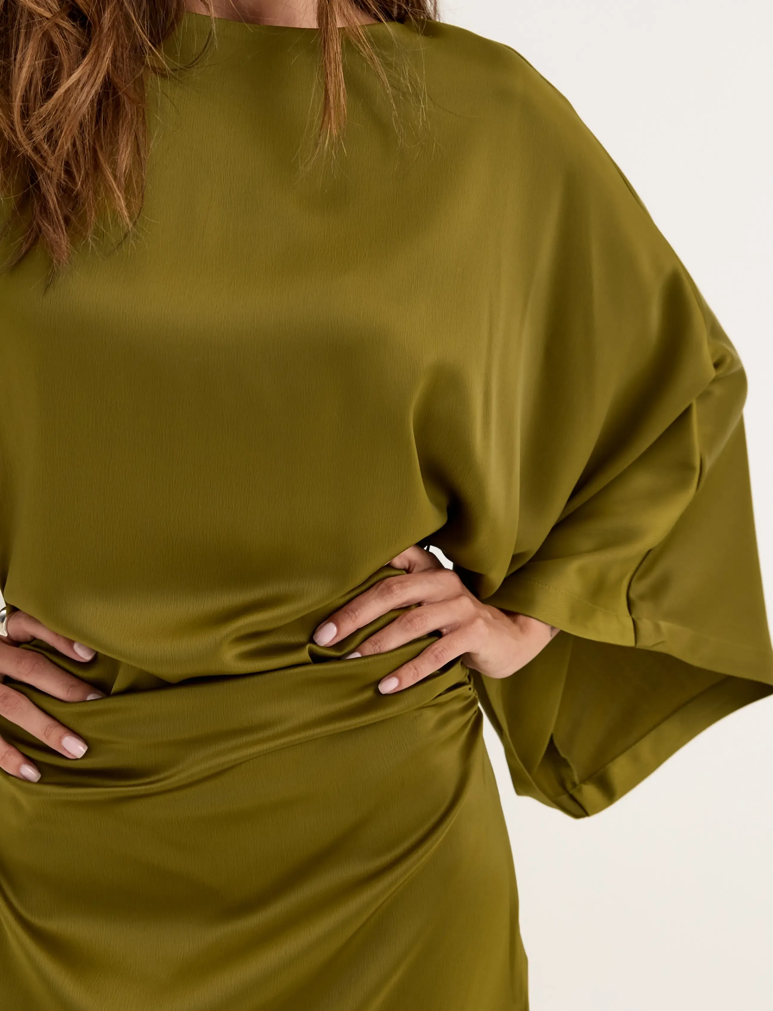 Bubbleroom - Kimono Sleeve Satin Maxi Dress - olive green - 4