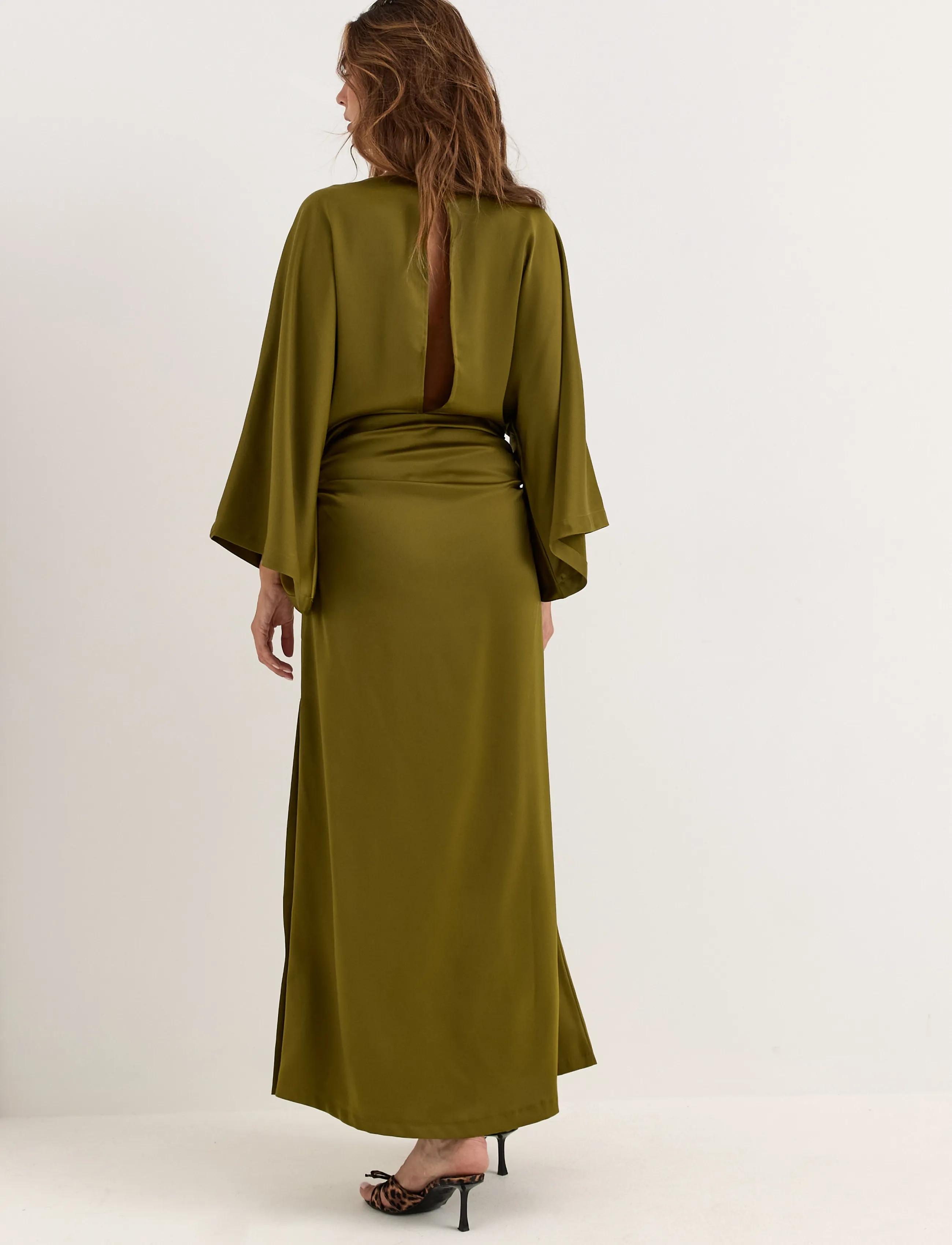 Bubbleroom - Kimono Sleeve Satin Maxi Dress - olive green - 5