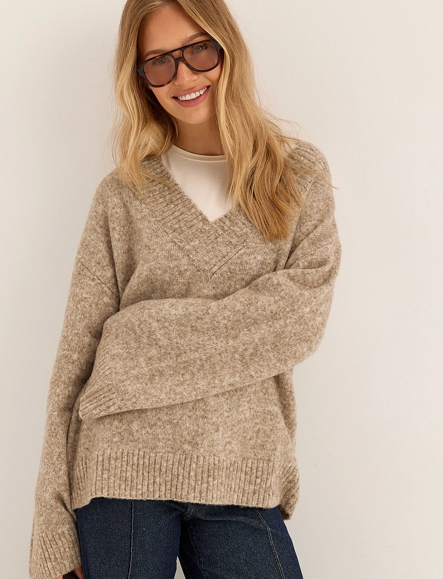 Bubbleroom - Knitted V-neck Sweater - pullover - beige melange - 3