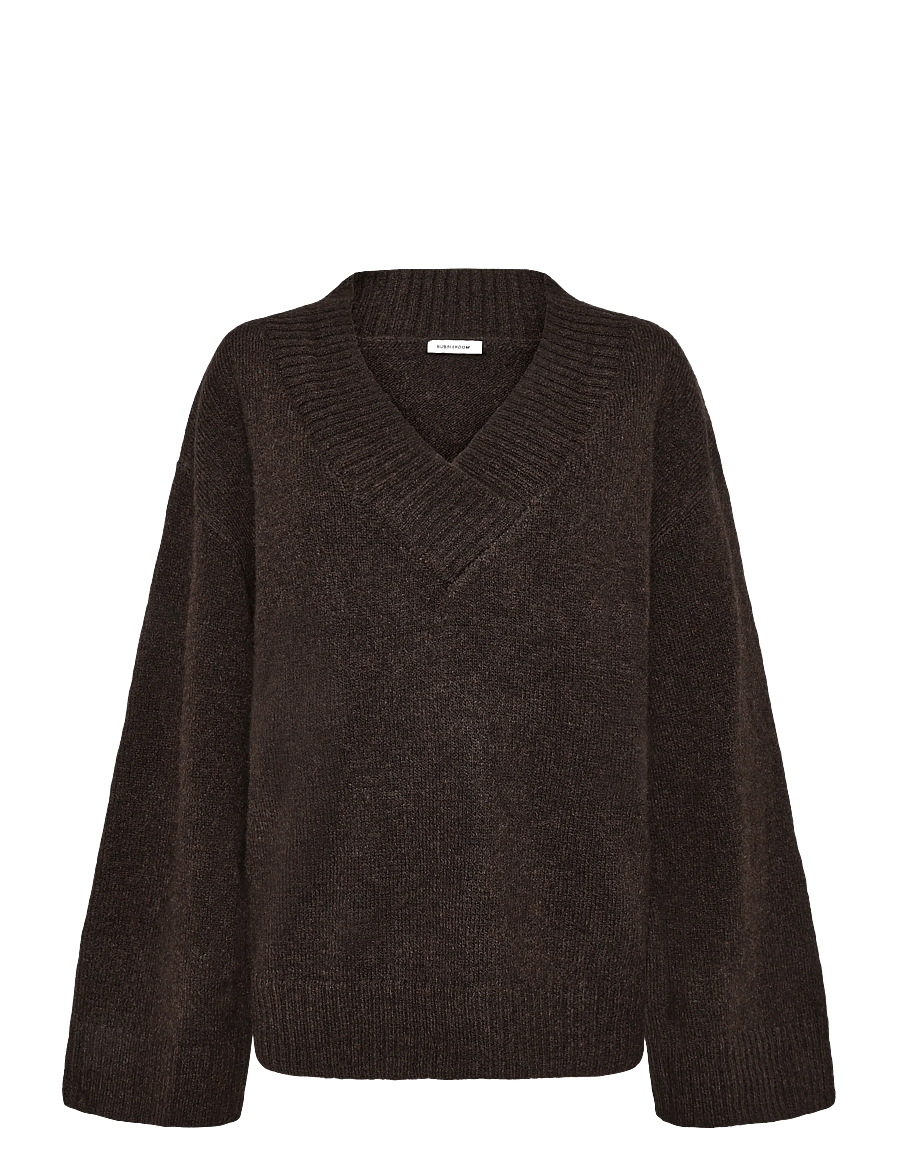 Bubbleroom - Knitted V-neck Sweater - kampsunid - dark brown - 1