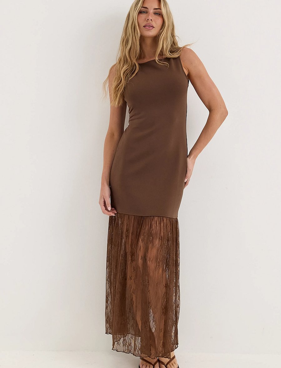 Bubbleroom - Combined Lace Maxi Dress - etuikleider - brown - 0