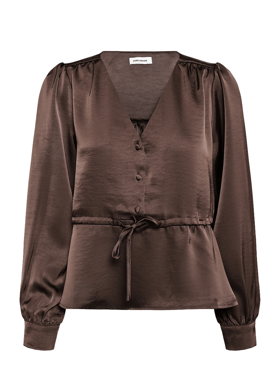 Bubbleroom - Satin Puff Sleeve Blouse - langærmede bluser - brown - 1