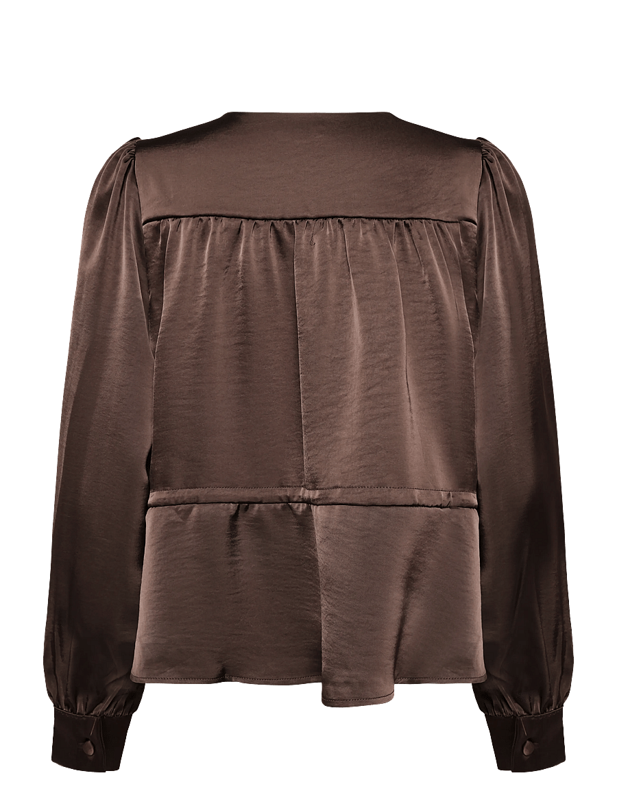 Bubbleroom - Satin Puff Sleeve Blouse - langærmede bluser - brown - 2