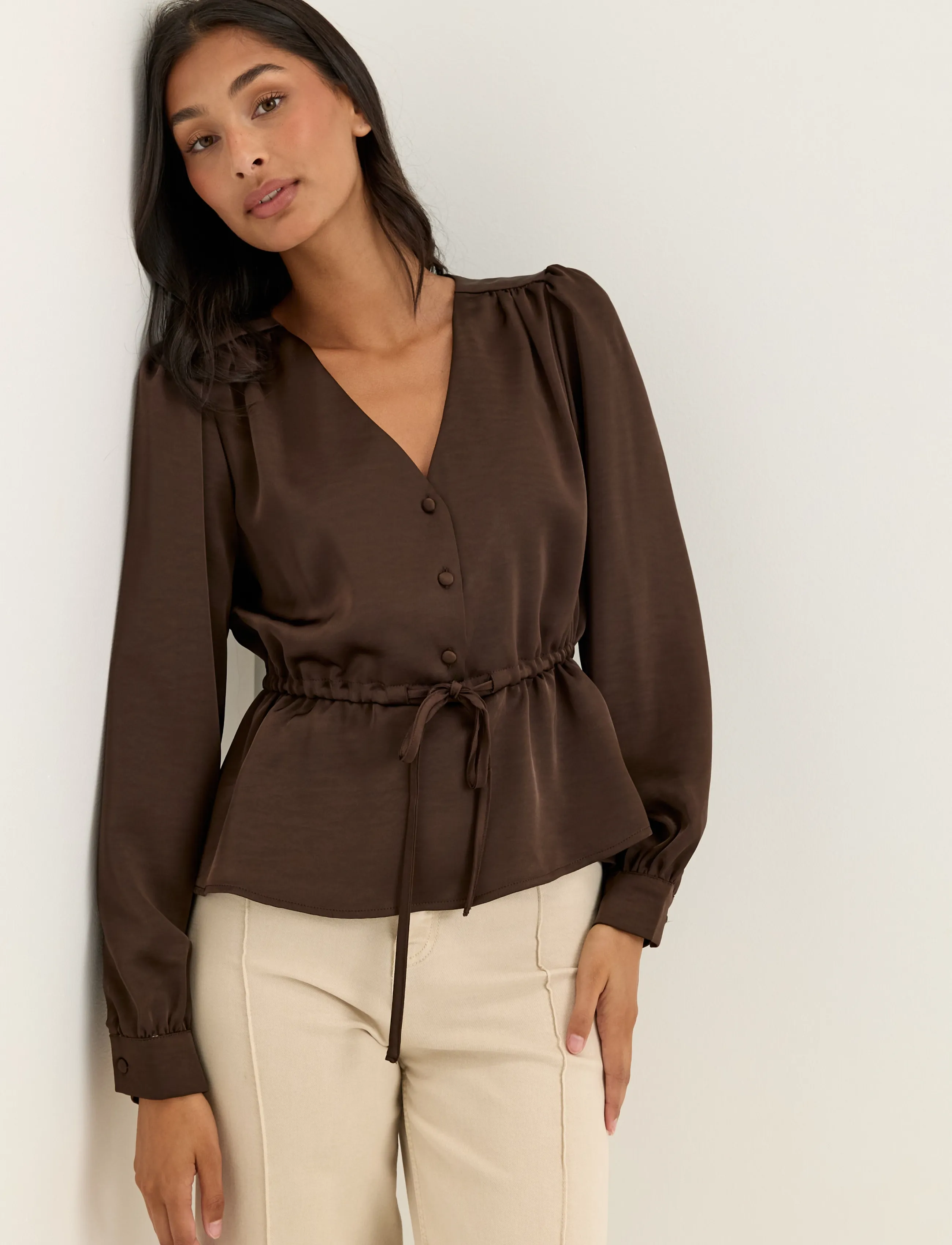 Bubbleroom - Satin Puff Sleeve Blouse - langærmede bluser - brown - 0