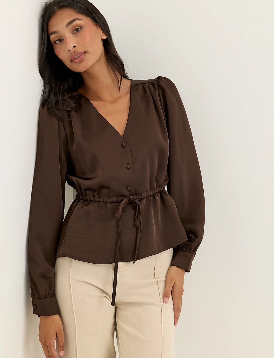 Bubbleroom - Satin Puff Sleeve Blouse - langærmede bluser - brown - 0