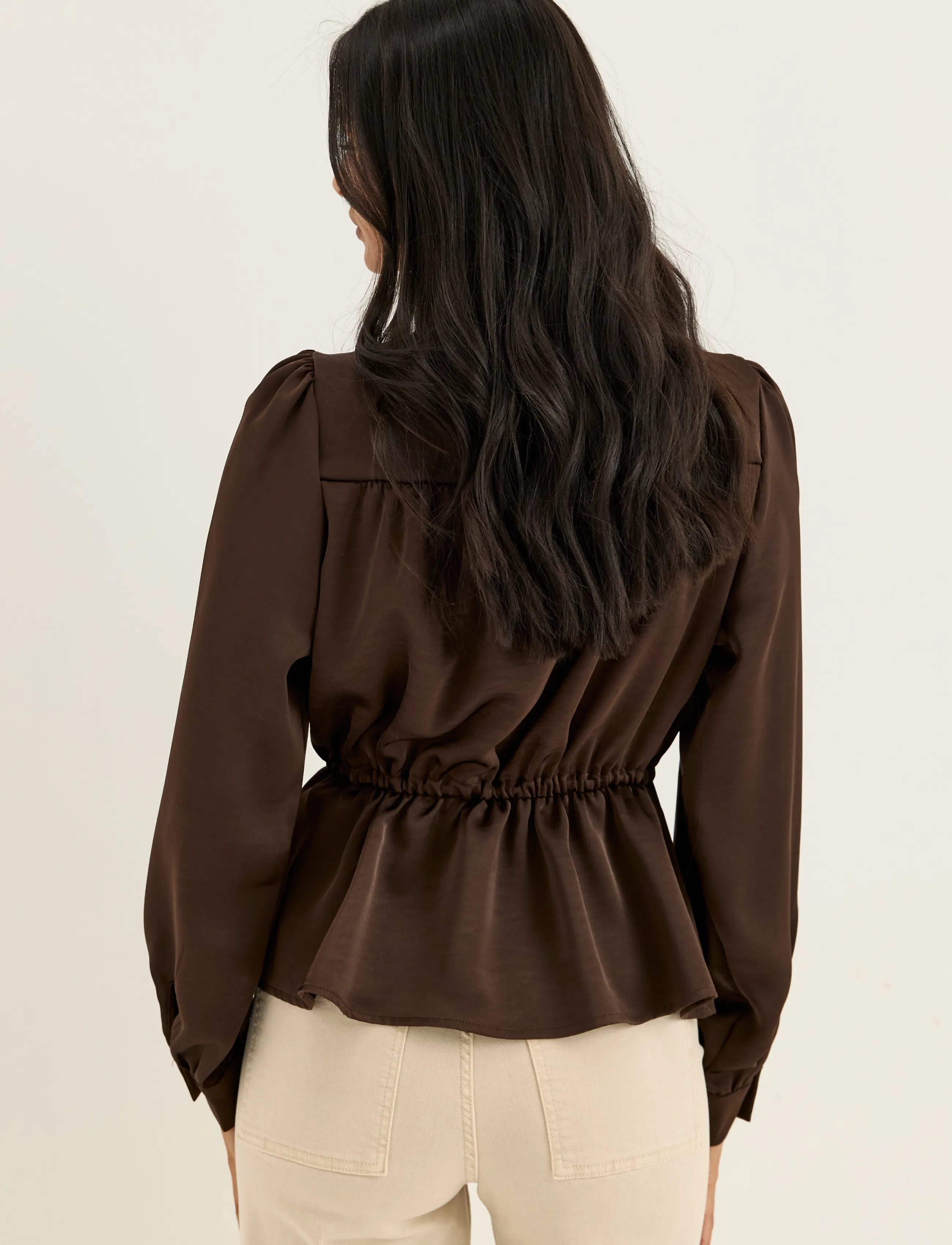 Bubbleroom - Satin Puff Sleeve Blouse - langærmede bluser - brown - 3