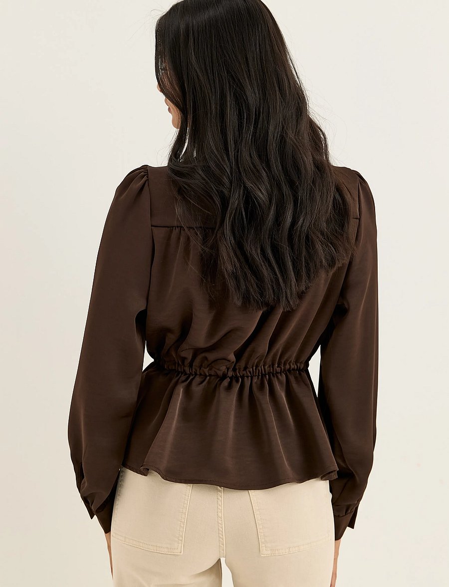 Bubbleroom - Satin Puff Sleeve Blouse - langærmede bluser - brown - 3
