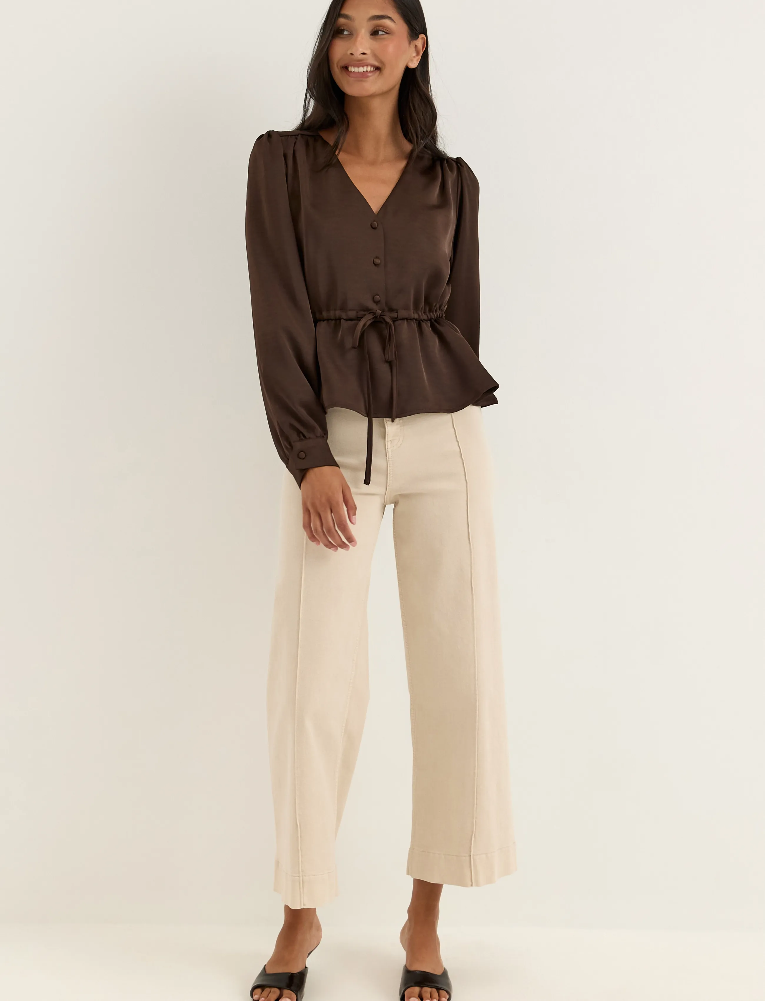Bubbleroom - Satin Puff Sleeve Blouse - langærmede bluser - brown - 4
