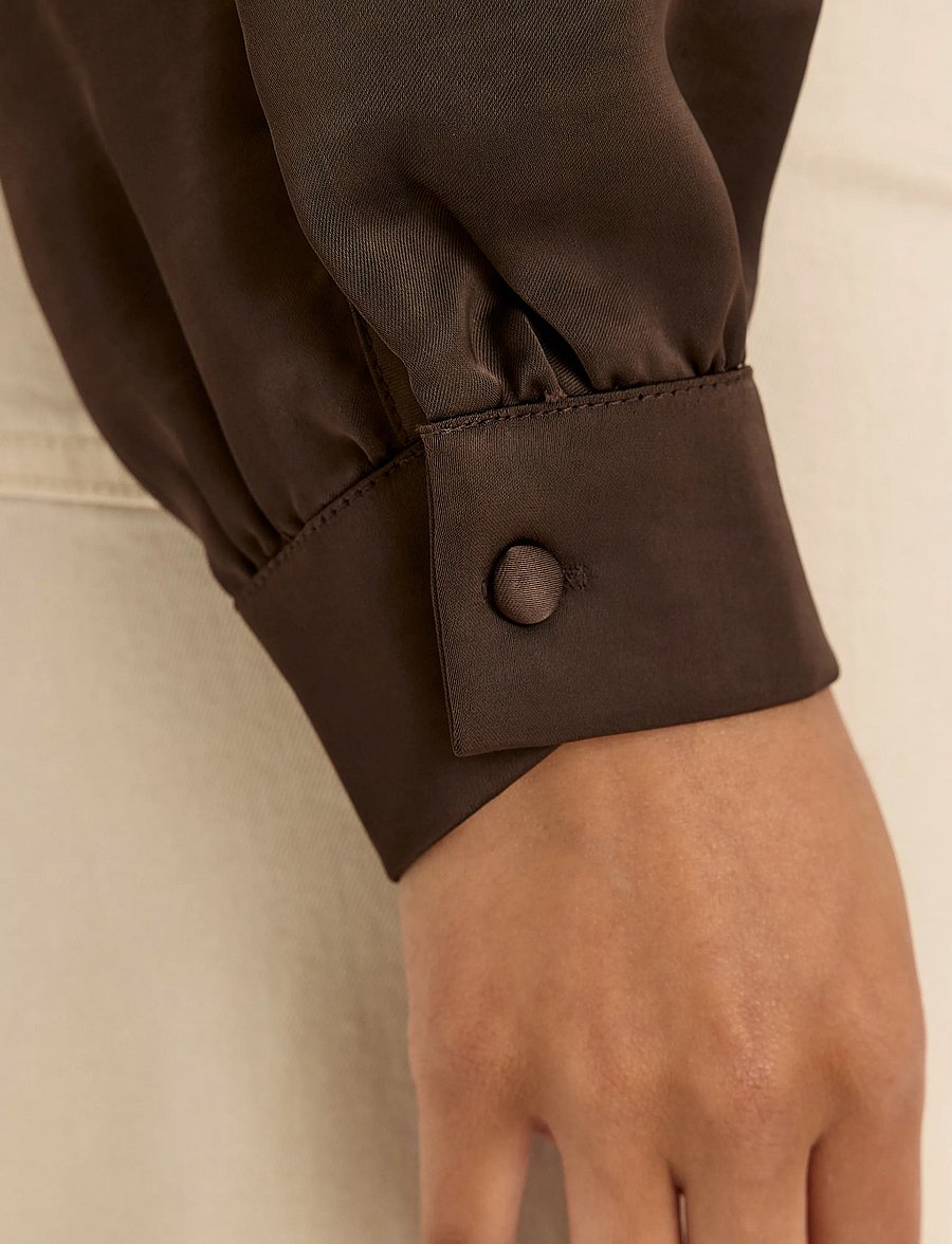 Bubbleroom - Satin Puff Sleeve Blouse - langærmede bluser - brown - 5