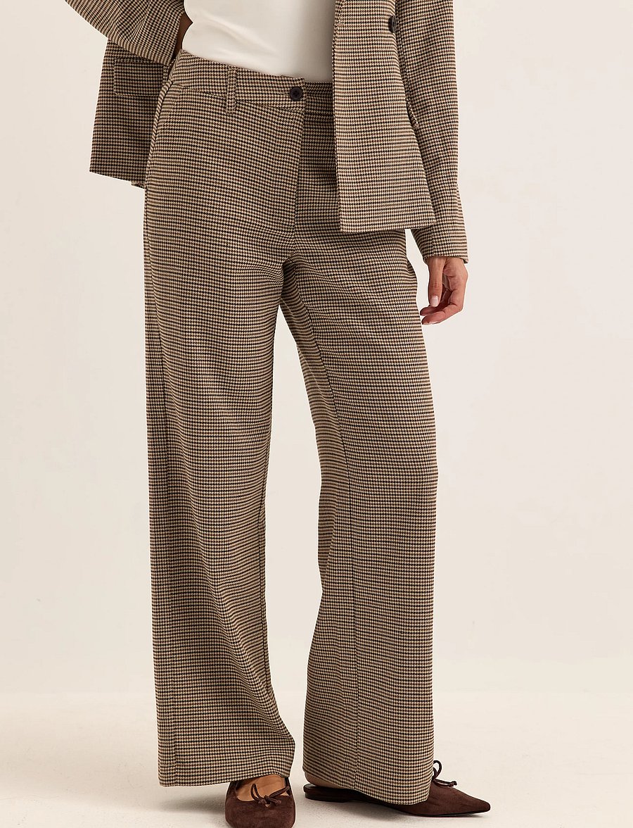 Bubbleroom - Check Mid Waist Wide Trousers - bukser med brede ben - brown/checked - 0