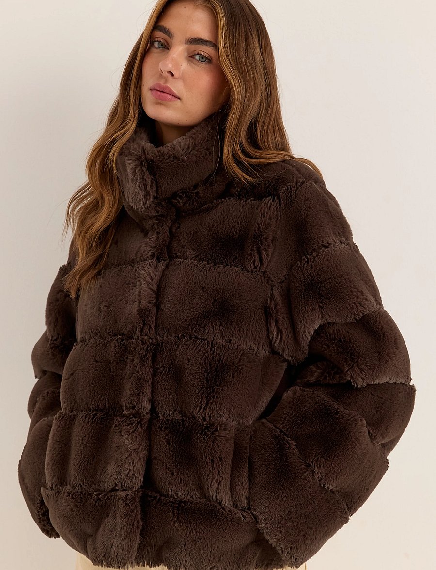 Bubbleroom - Faux fur High Collar Coat - kunstkarusnahk - brown - 0