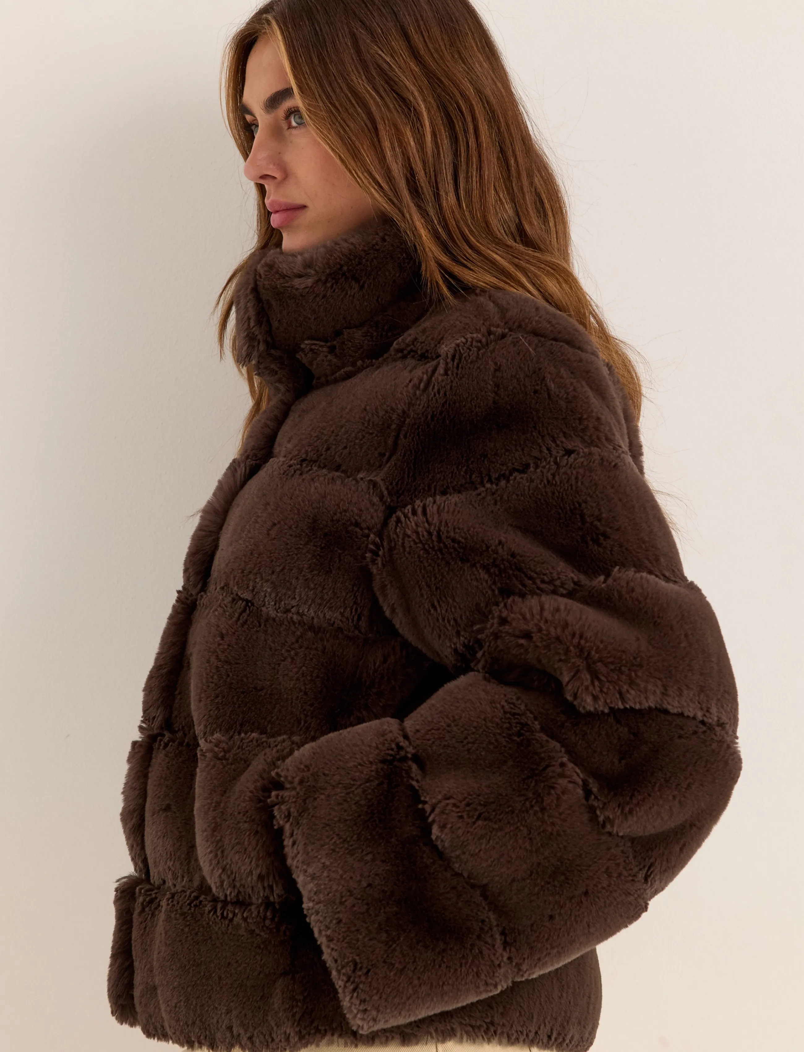 Bubbleroom - Faux fur High Collar Coat - brown - 3