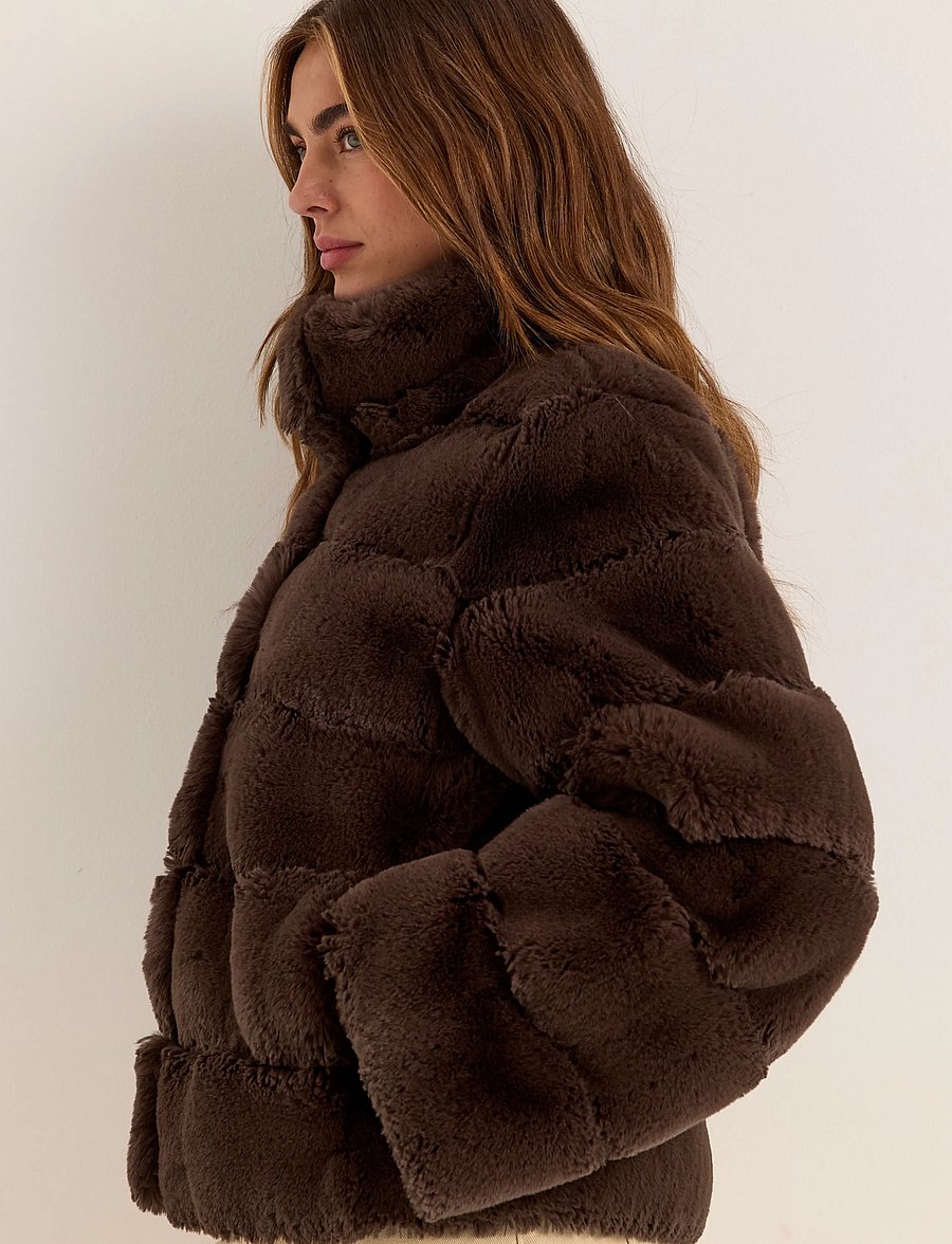 Bubbleroom - Faux fur High Collar Coat - kunstkarusnahk - brown - 3