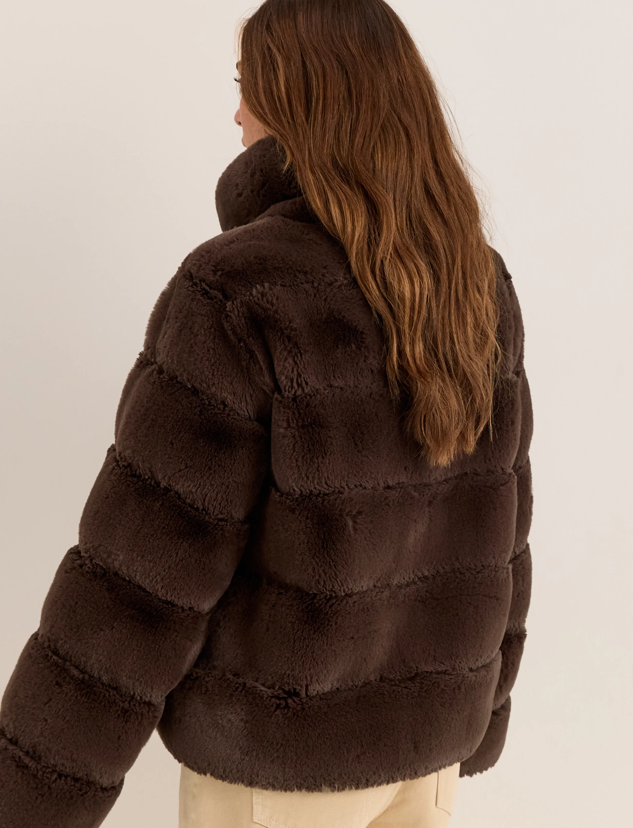 Bubbleroom - Faux fur High Collar Coat - brown - 4