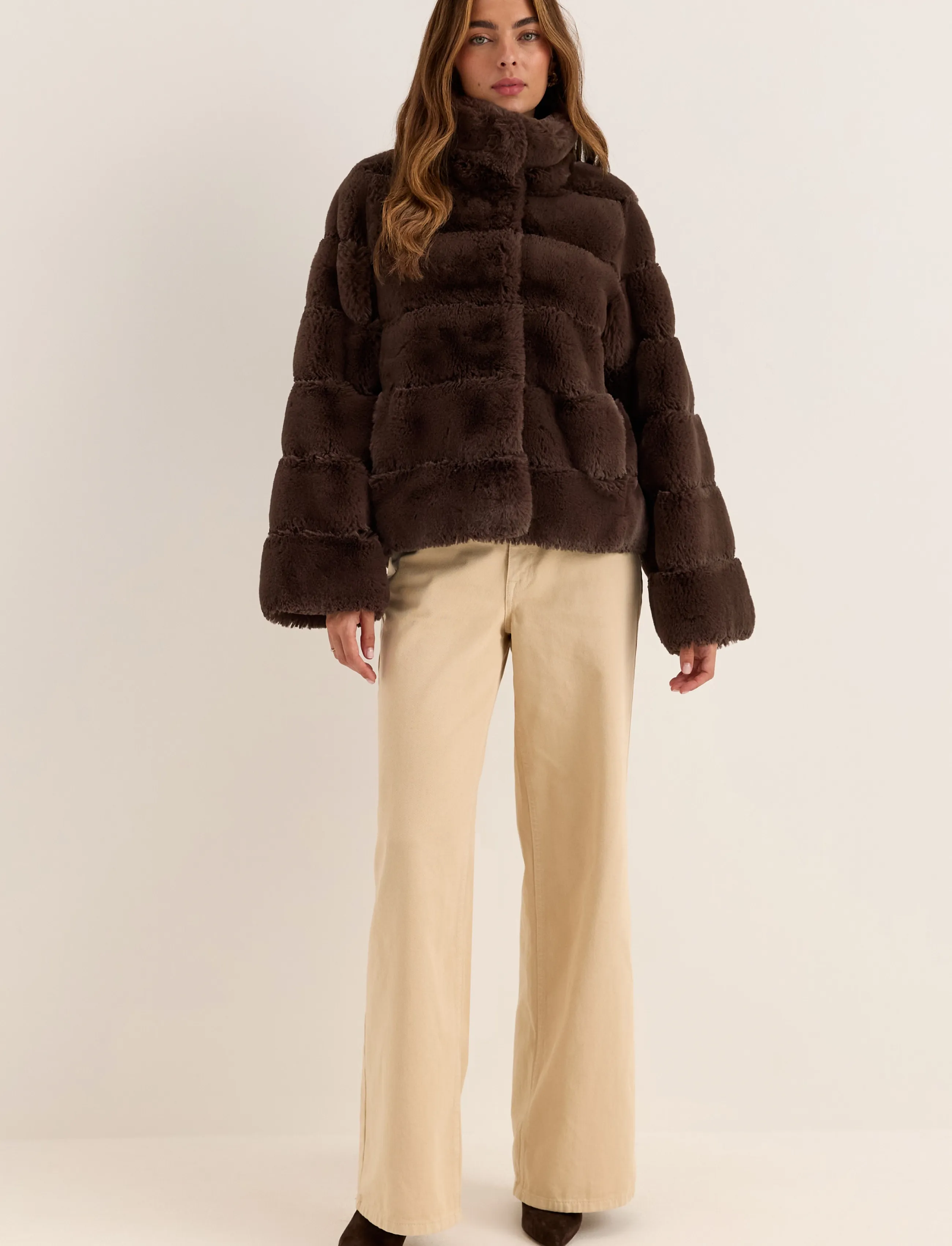 Bubbleroom - Faux fur High Collar Coat - brown - 5