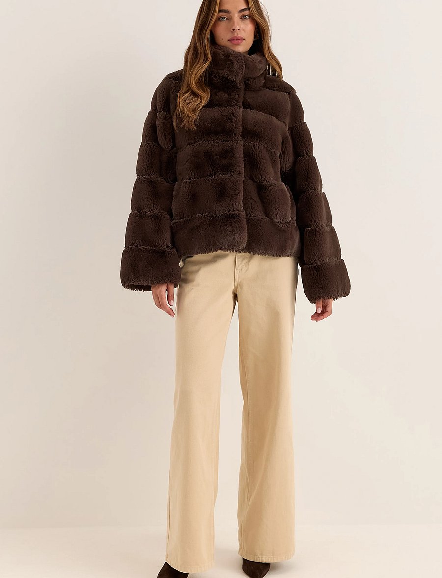 Bubbleroom - Faux fur High Collar Coat - kunstkarusnahk - brown - 5