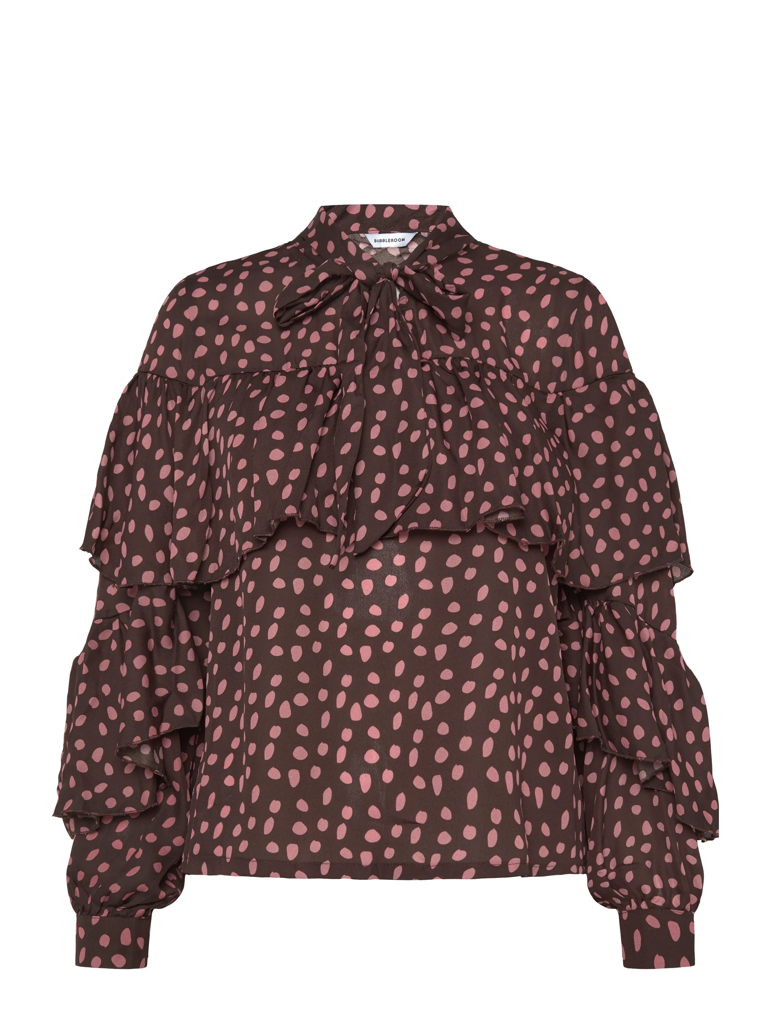 Bubbleroom Flounce Tie Blouse - Tøj - DARK BROWN/PATTERNED / brown