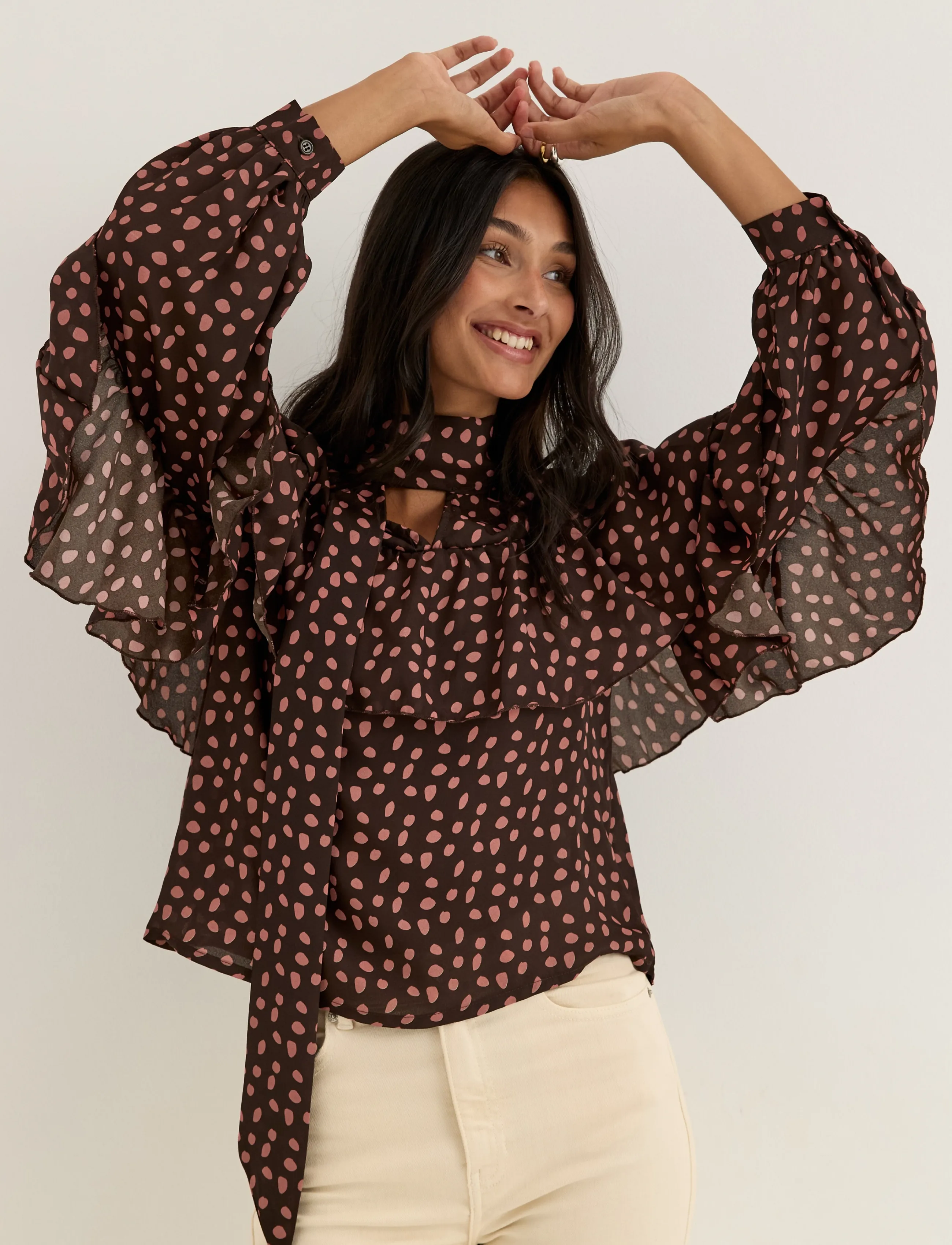 Bubbleroom - Flounce Tie Blouse - dark brown/patterned - 0
