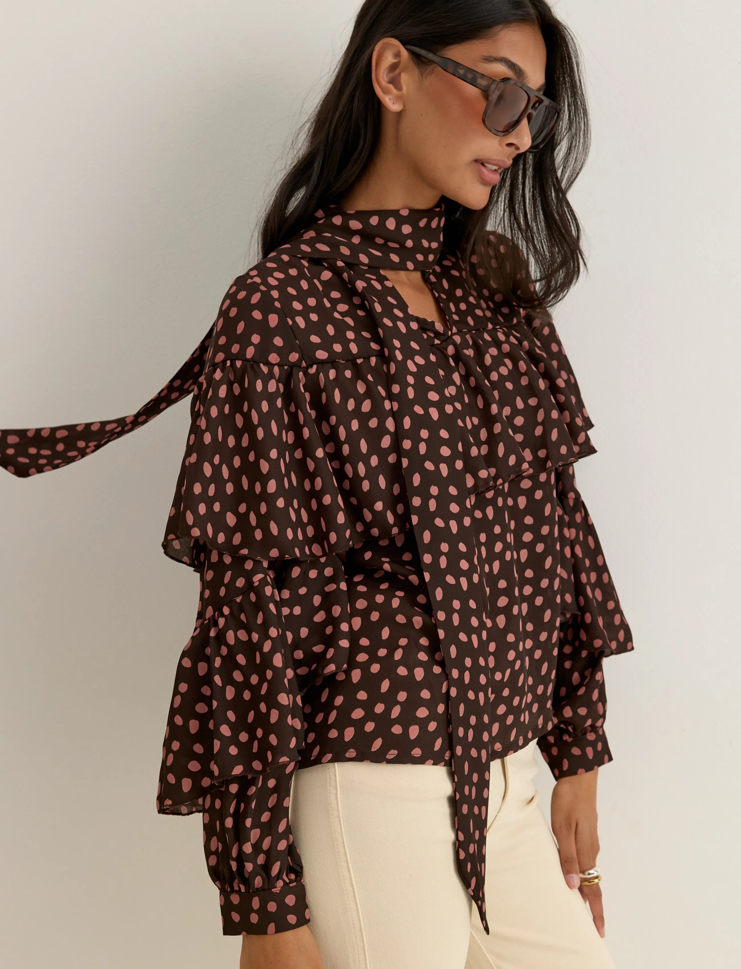 Bubbleroom - Flounce Tie Blouse - dark brown/patterned - 3