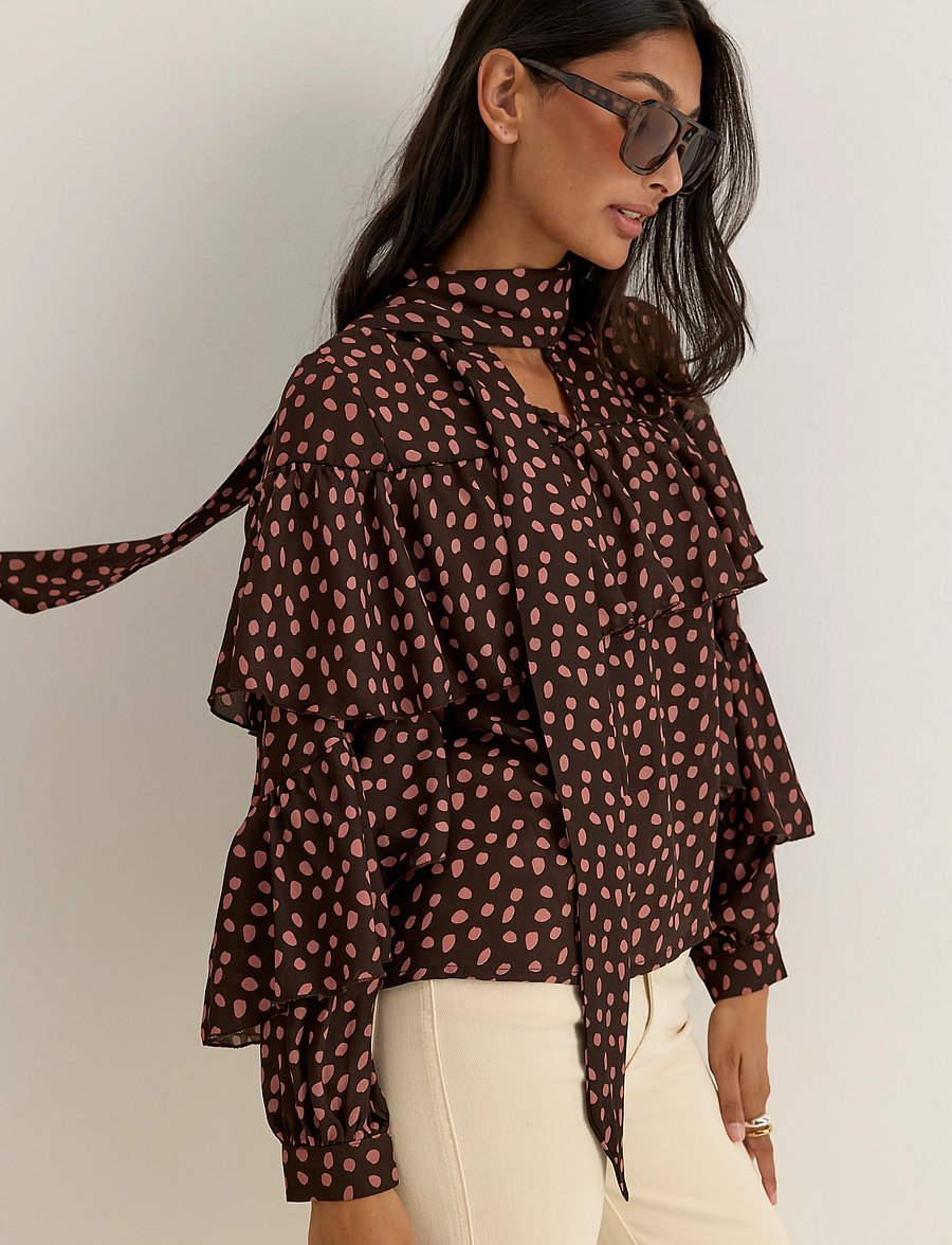 Bubbleroom - Flounce Tie Blouse - pikkade varrukatega pluusid - dark brown/patterned - 3